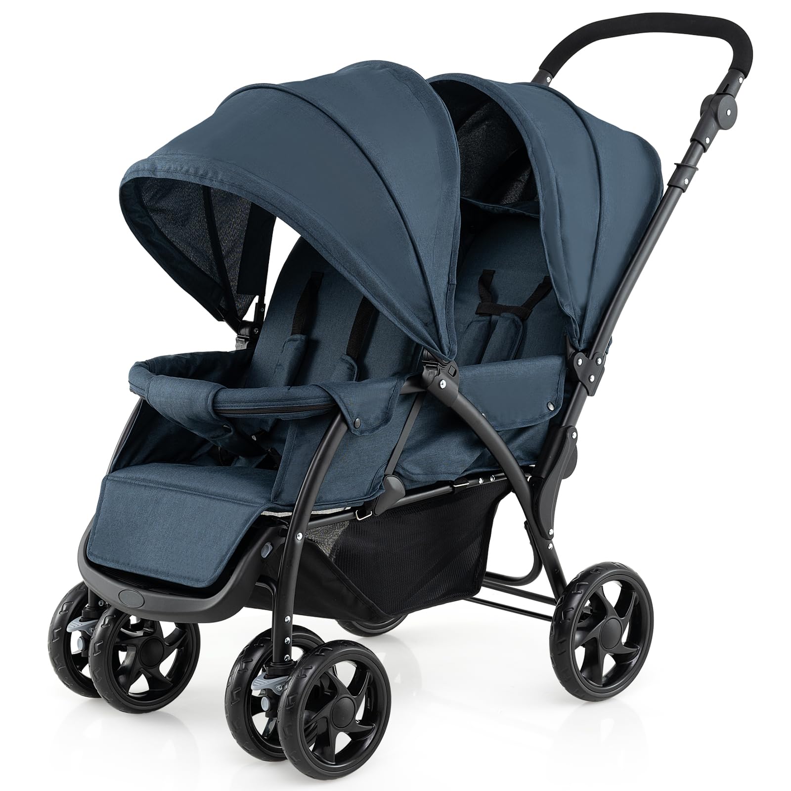 GYMAX Passeggino a doppio sedile con maniglia regolabile, baldacchino staccabile e poggiapiedi, passeggino pieghevole per viaggi, shopping e appendere fuori (blu navy)