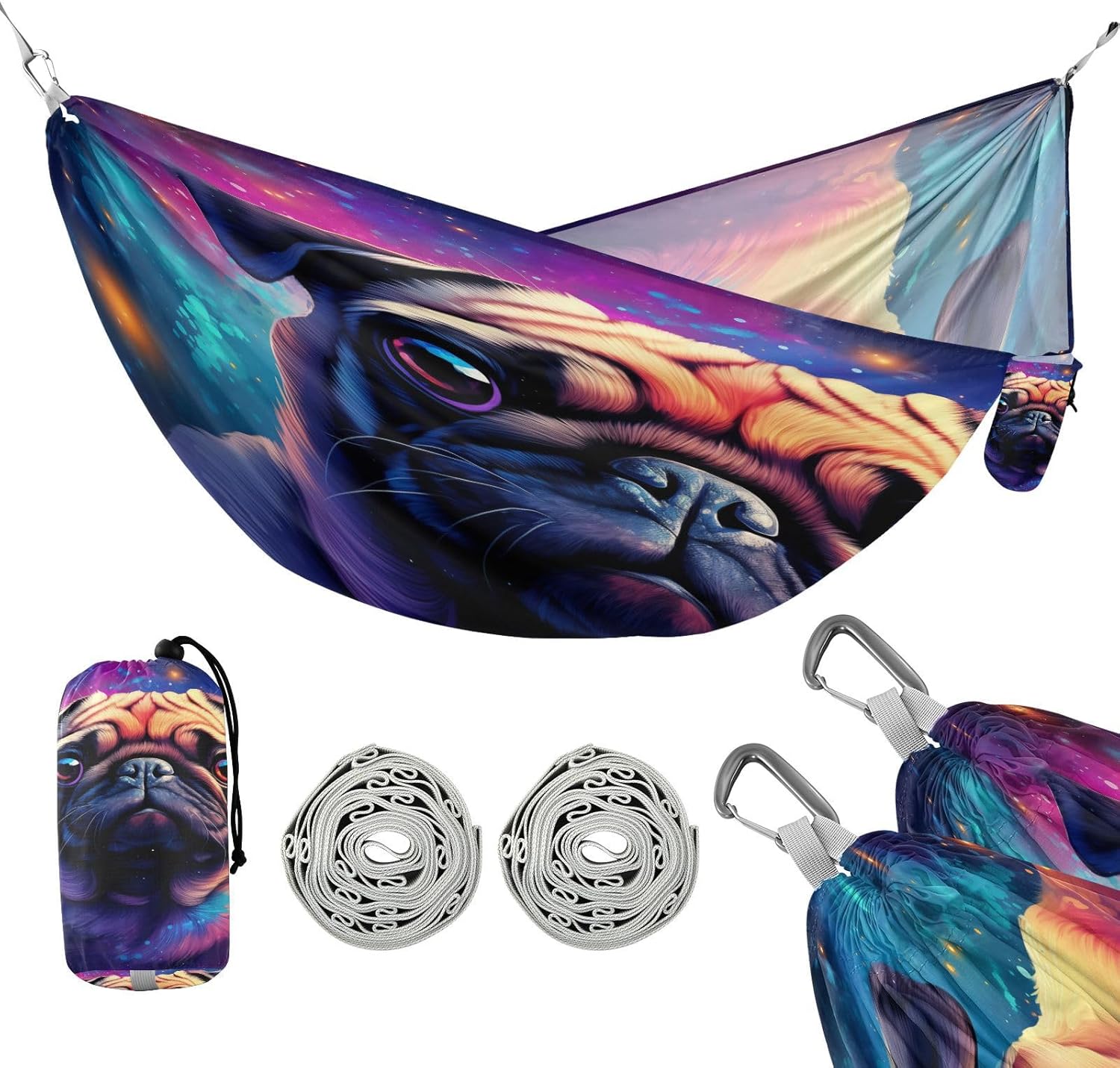 ALAZA Cute Pug Dog Galaxy Camping Hammocks Single or 2 Person 500 lbs Portable Parachute Travel Hammock w/Tree Straps for Hiking Backpacking Indoor Outdoor