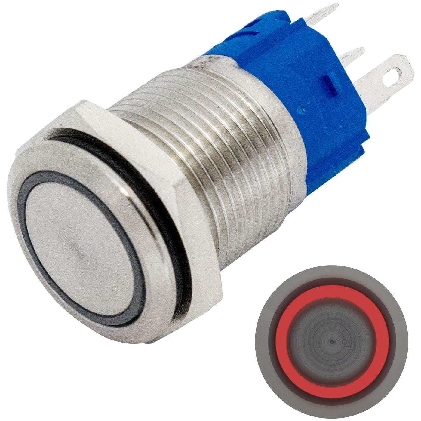 Lumonic Pulsante piatto in acciaio inox diametro 16mm I Con un LED ad anello in rosso Dimensioni: 2,8x0,5mm Pin 250V 3A I Antivandalo secondo standard IP65