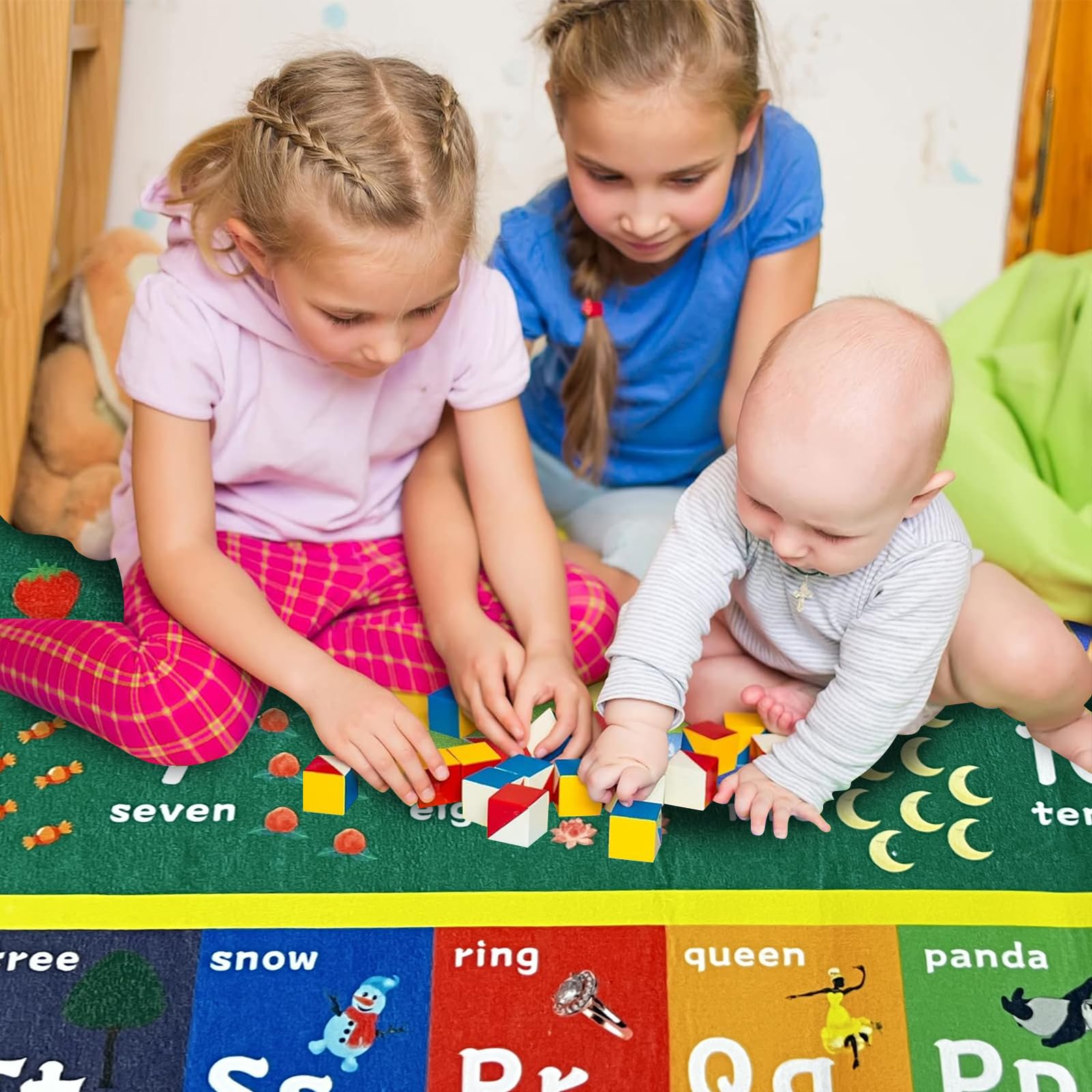 Lernteppich für Kinder, großes ABC-Alphabet und Zahlen, Lernteppich für Spielzimmer und Klassenzimmer, rutschfeste und waschbare Spielmatte, lustige und interaktive Bodenmatte (grünes