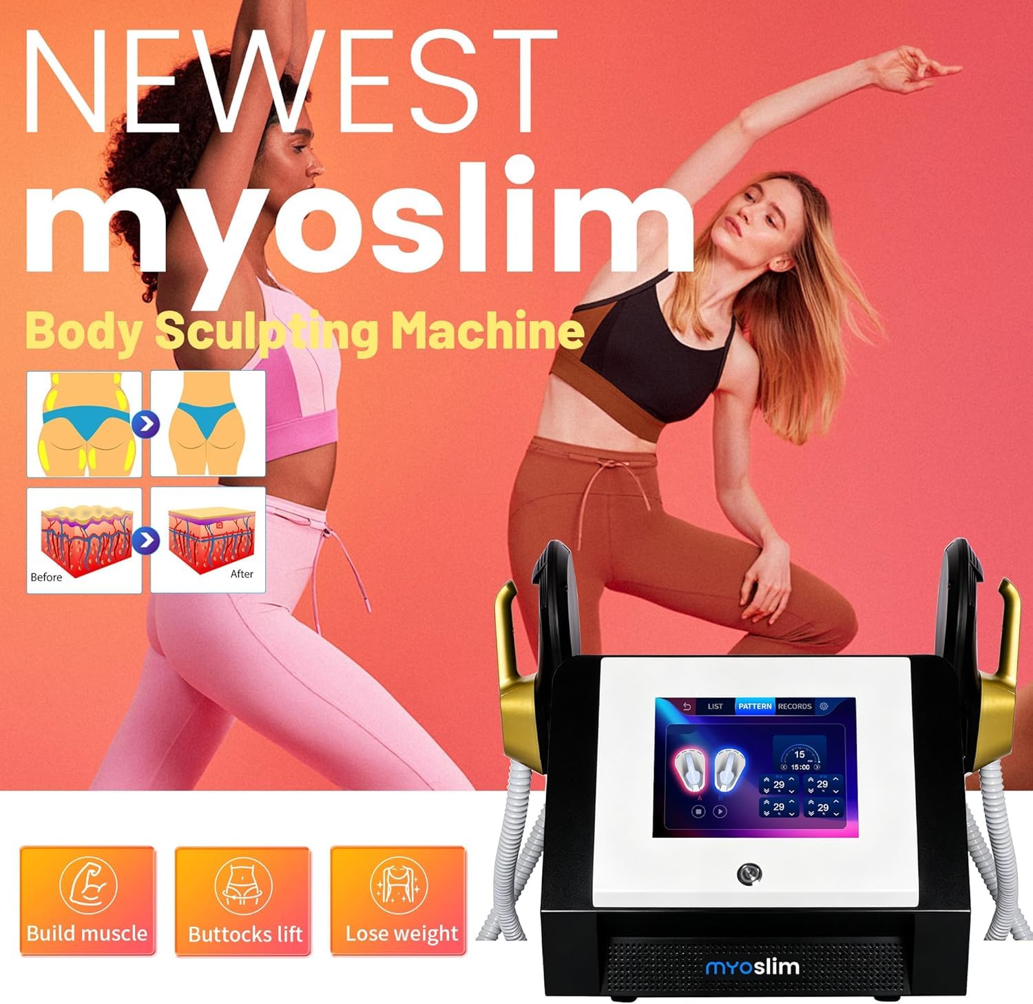MYOslim EMS Körperformer Touchscreen, EMT+EMS Technologie, Fettreduzierung & Muskelstraffung, 2 Griffe, Grau,für Bauch, Hüften, Beine & Gesäß