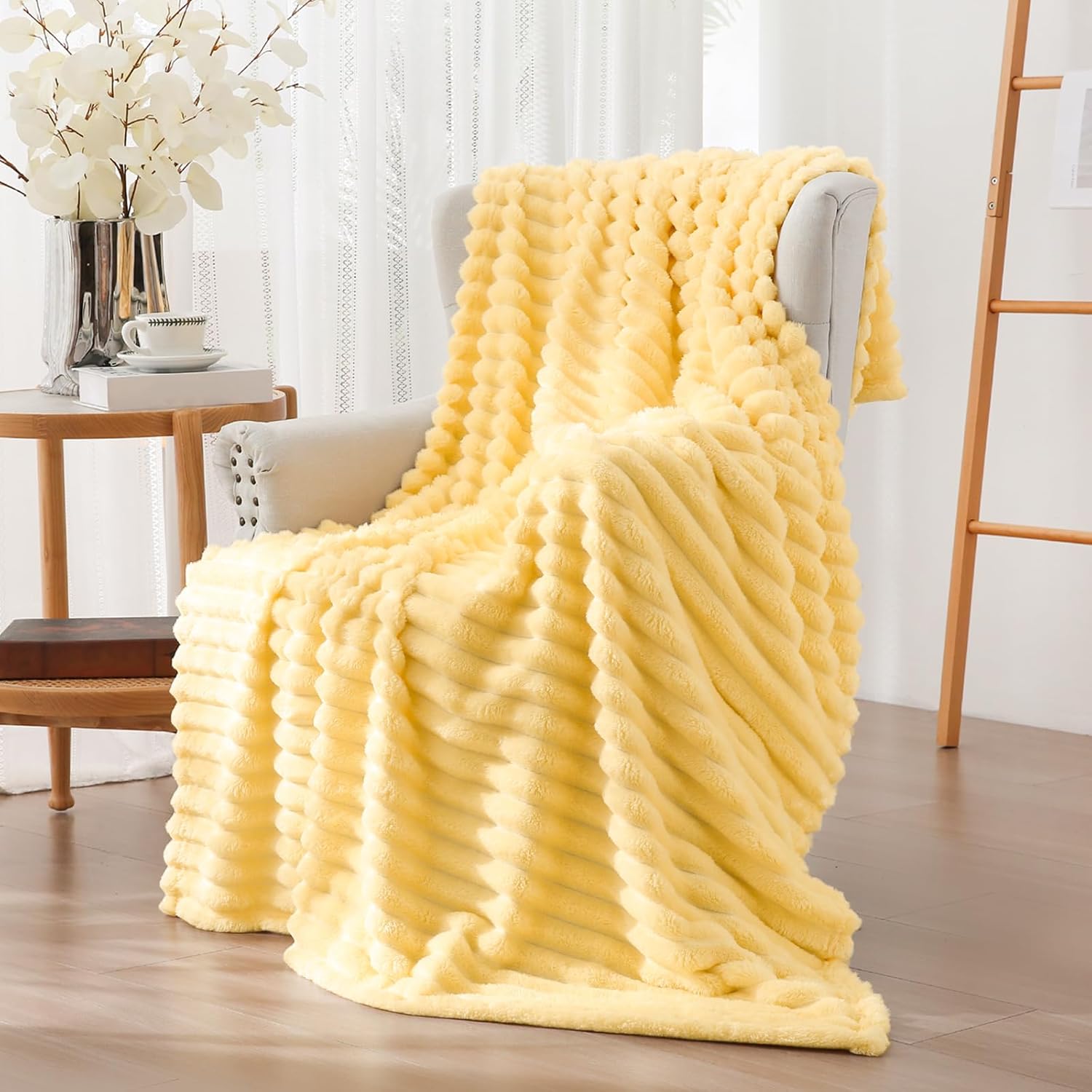 Vessia Flannel Fleece Throw Blanket for Couch,Sofa,Bed, 300GSM Striped Light Yellow Throw Blanket for Adults and Kids, Super Soft Warm Cozy Lightweight Home Decor for All-Season(50x70inch) - Image 3