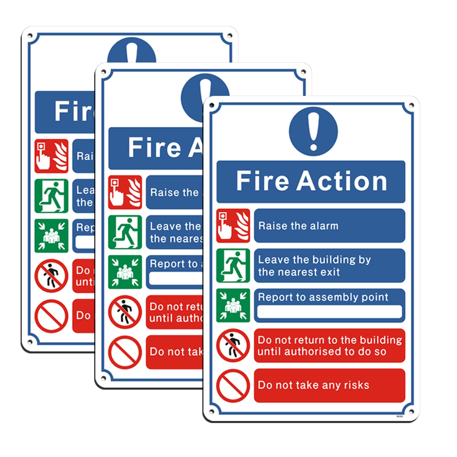 Yuzkouge Fire Action Notice Sign - 3 Pack, 20 x 30 cm Rust Free Aluminum Fire Safety Sign, Weatherproof, Fade Resistant, Easy Mounting