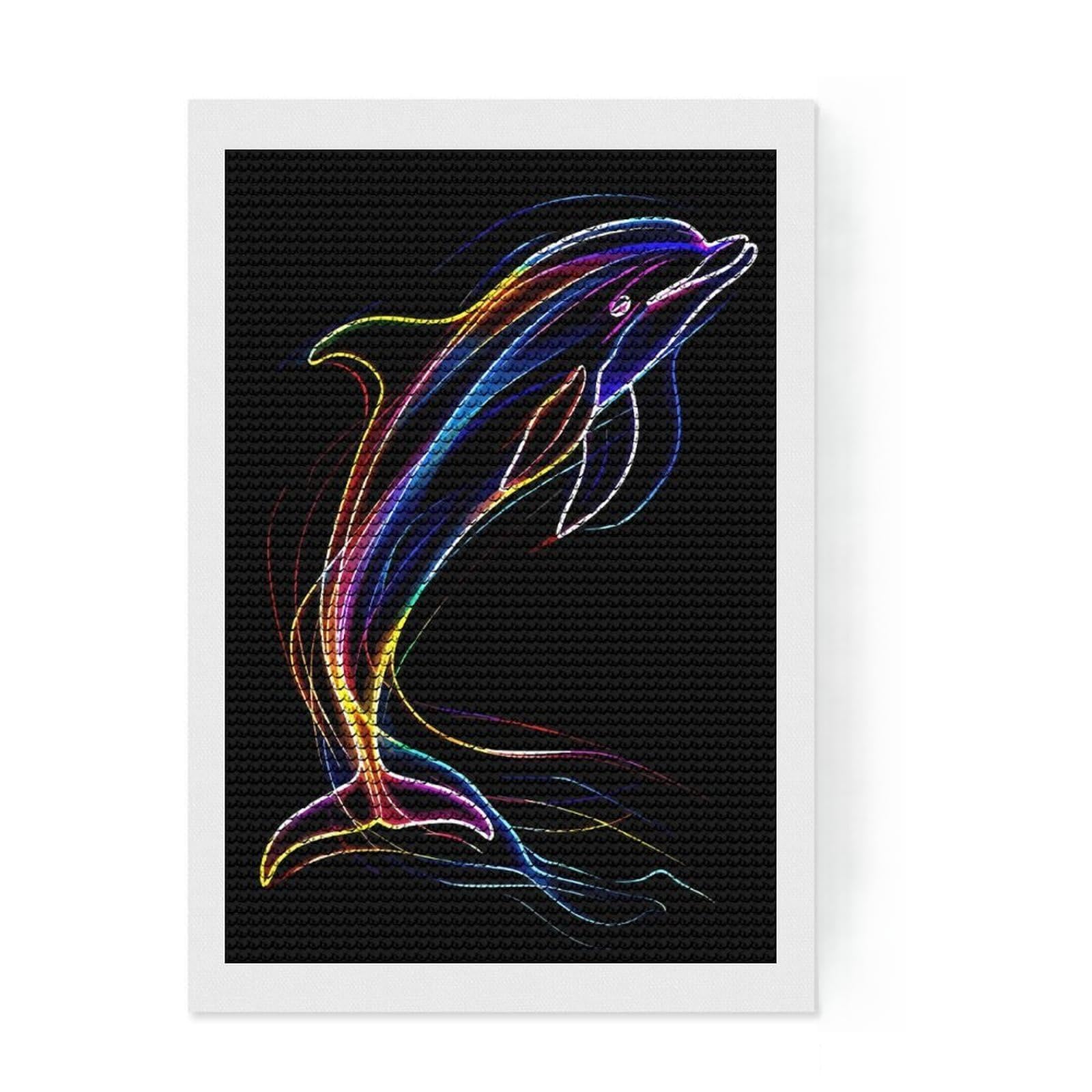 Junmoney Neon Dolphin on Black Background Diamond Painting Set 8"x12", Festive Home Decor, with Tool Kit, Gift Idea, Thoughtful Present, Creative Hobby