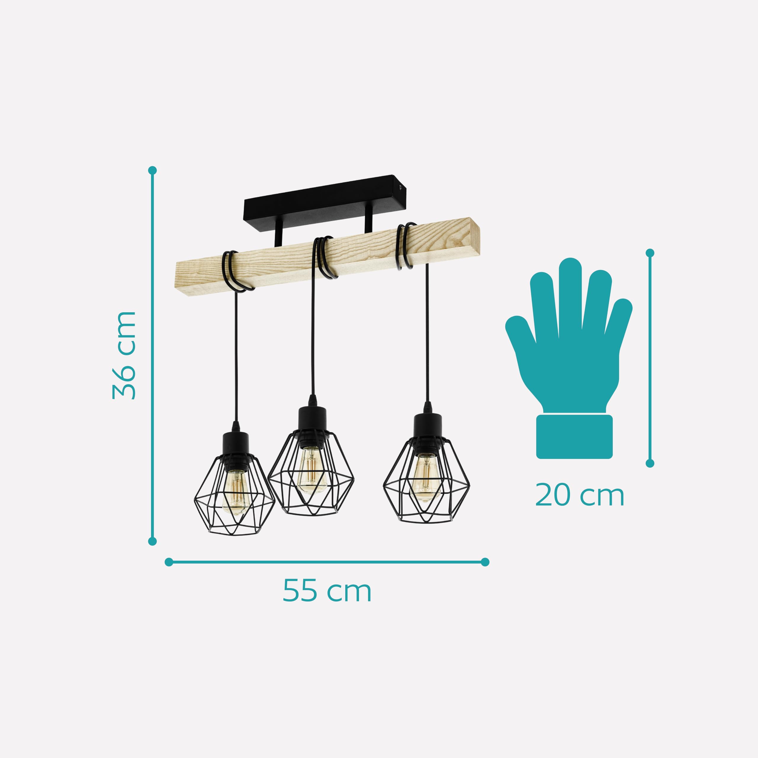 Eglo Lampada da soffitto Townshend 5, plafoniera vintage a tre punti luce, plafoniera dal design industriale, lampada a sospensione retrò in acciaio e legno, nero, marrone, E27
