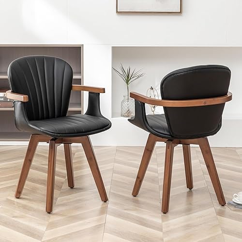Miniatura 4 de LUNLING Sillas de comedor giratorias, sillas de cocina modernas de cuero sintético negro de mediados de siglo con brazos, patas de bambú, sillas