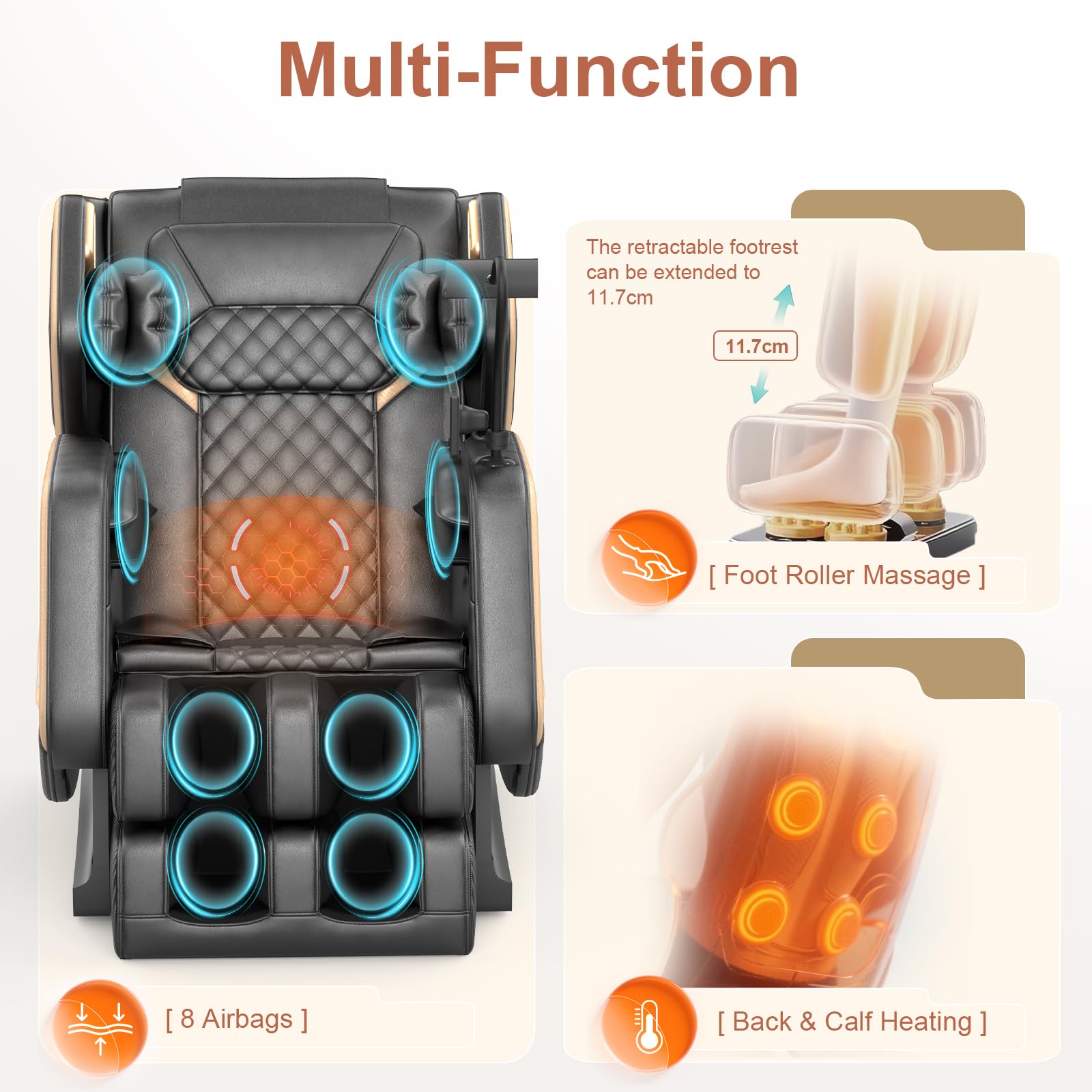 Sillón de Masaje, sillón para Todo el Cuerpo, 14 Rodillos, Calefacción para Espalda y piernas, Masaje de pies, 8 airbags, Altavoces Bluetooth, Mando a Distancia táctil par