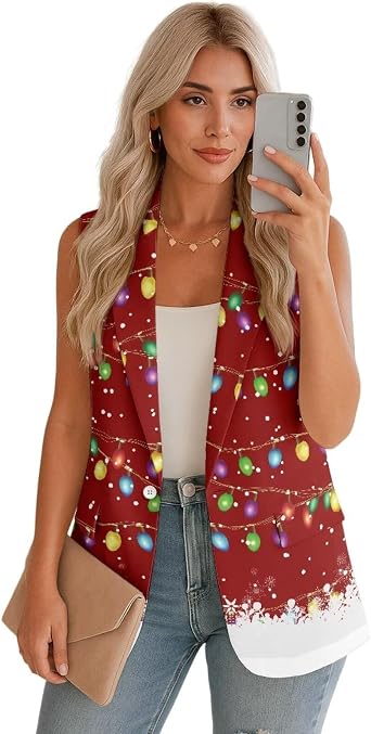Blazer Jackets for Women Sleeveless One Button Lapel Blazer Vest with Pocket