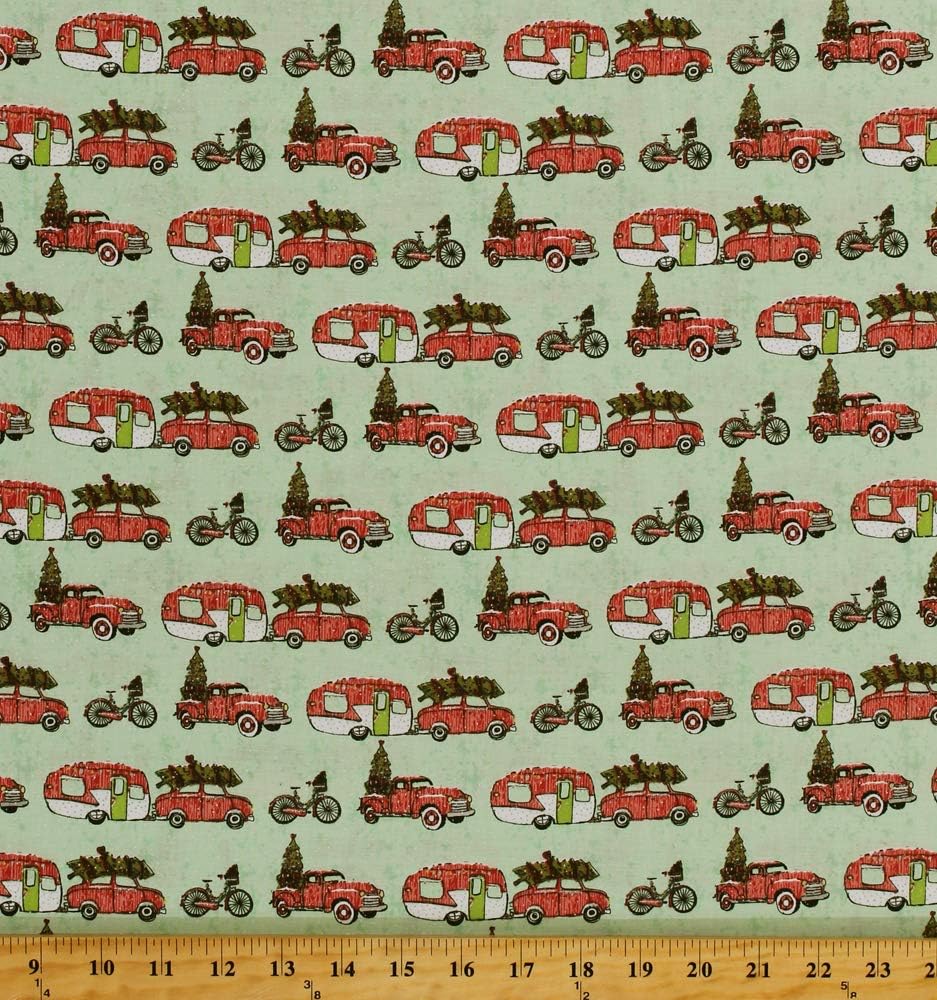 Cotton Christmas Campers Red Trucks Holiday Trees Transportation Holly Jolly Cotton Fabric Print by The Yard (13859-TURQ)