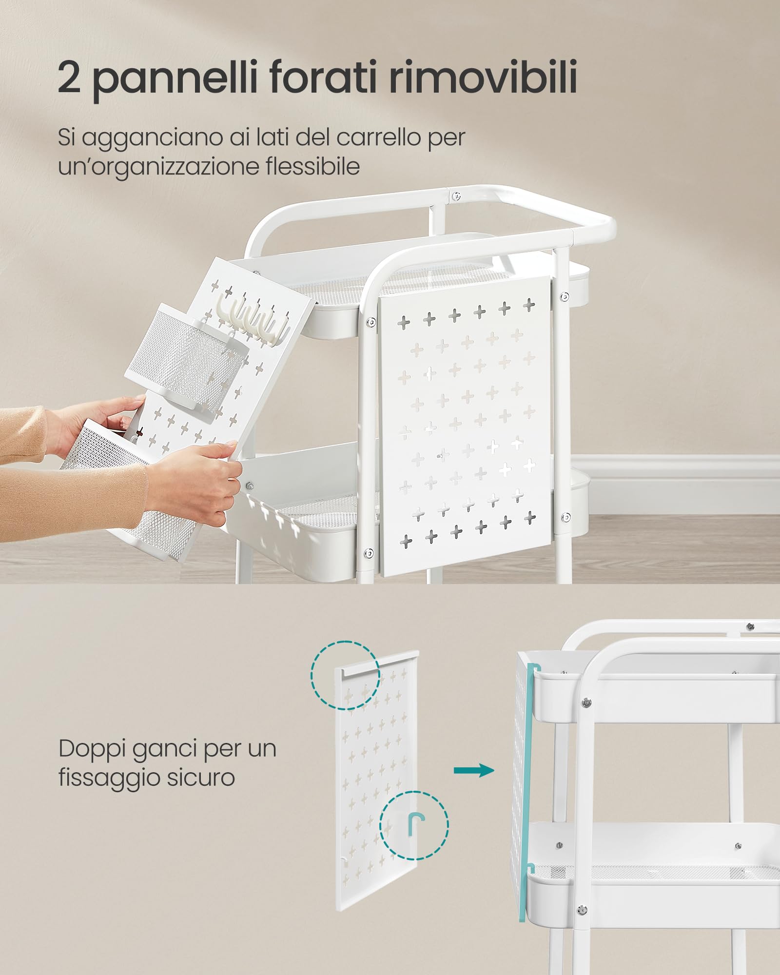 SONGMICS Carrello, Carrellino, 3 Ripiani in Metallo a Rete, 2 Pannelli Forati Rimovibili, 2 Portaoggetti Appesi, 4 Ganci, per Studio Cucina Soggiorno Bagno, Bianco Nuvola LRC037W01