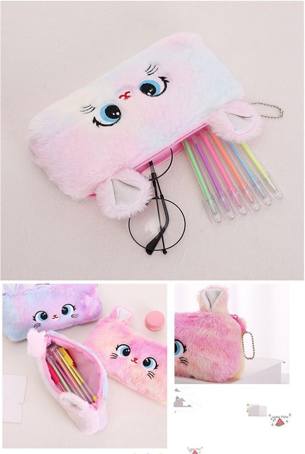 Cute Cat Plush Pencil Case for Women Teens Pen Holder Pouch for Stationery Make Up Accessories Office Supplies,Fuchsia image 5