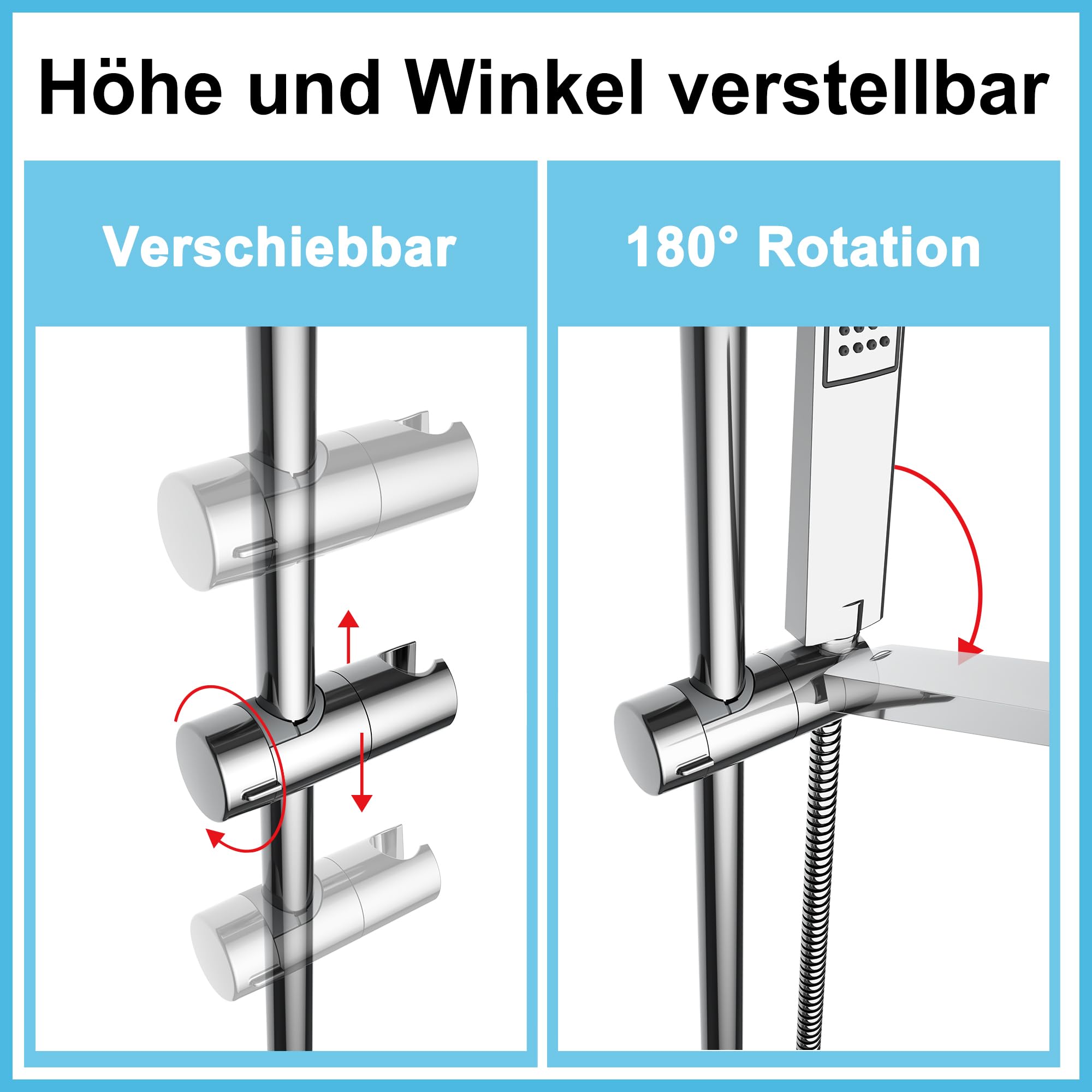JOHO Barra de ducha de acero inoxidable con fijaciones de pared variables, Barra de pared para ducha de lluvia, Columna de ducha Reuglable 69-111 cm con Soporte de Alcachofa, Cromo