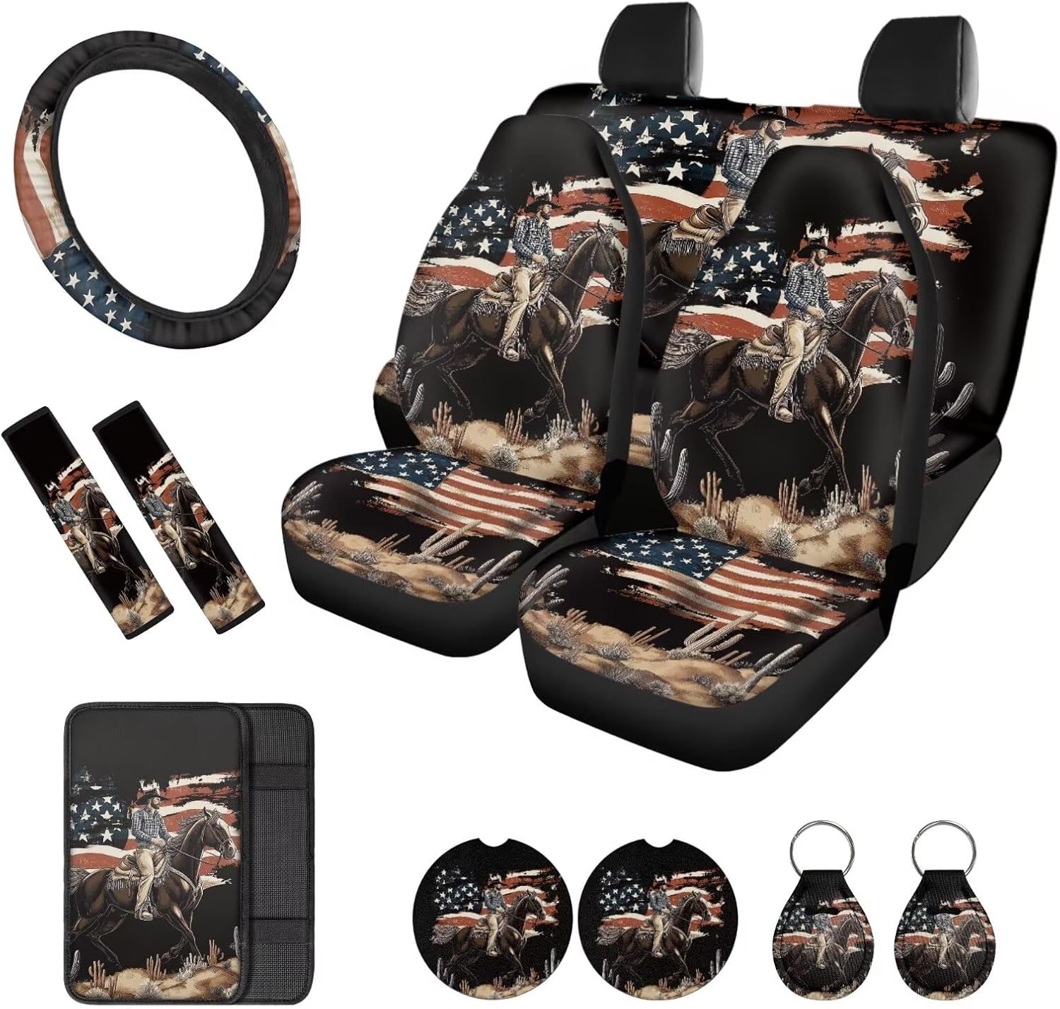 Cowboy Horse Print Car Accessories Full Set American Flag Print Front & Back Car Seat Covers with Steering Wheel Cover Center Console Pad Safety Belt Pad Cup Coasters Keychain