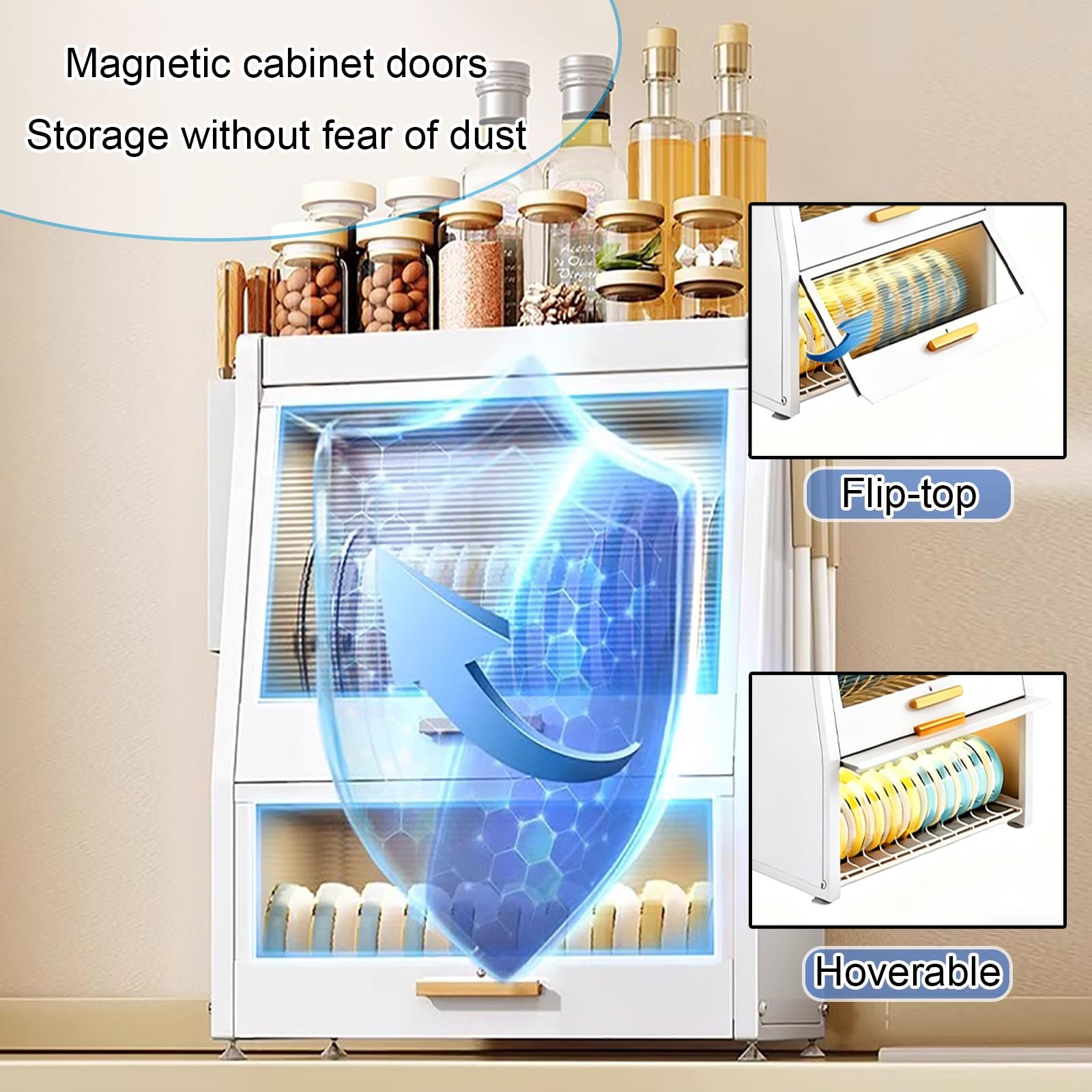 Escurridor de platos, organizador de encimera de cocina, estante de almacenamiento de acero al carbono con gabinete de cubierta abatible, diseño que ahorra espacio para platos, vasos y cuencos