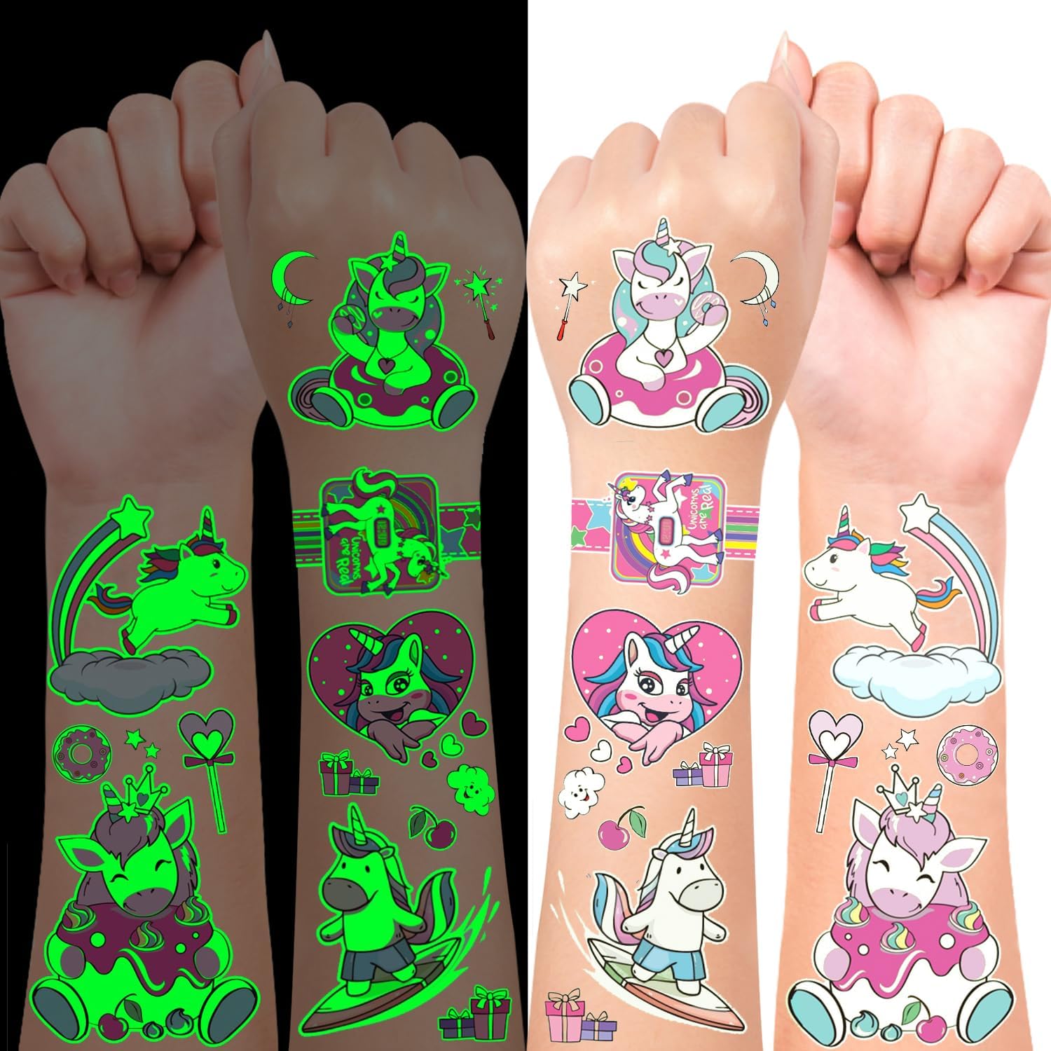 LEADTEAM Tatuajes Temporales De Unicornio Para Niñas | 12 Hojas Con 70 Diseños Brillan En La Oscuridad | Impermeables Y Fáciles De Aplicar