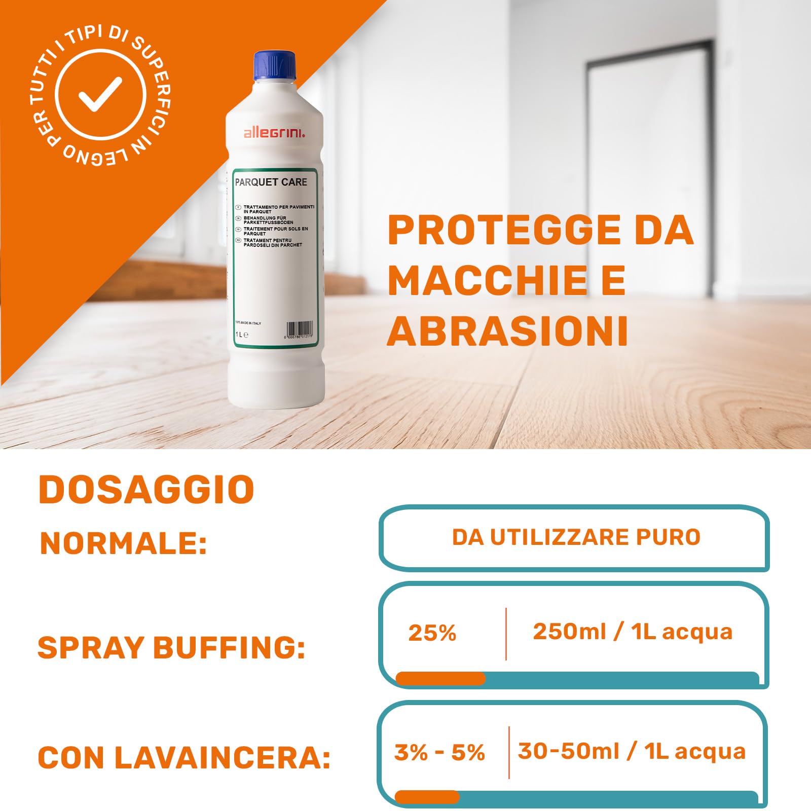 Allegrini Cera Parquet Ripara Graffi e Lucida Pavimento in Legno Rovinato Rinnova e Ravviva Ideale per Riparazione e Trattamento di Superfici in Laminato 1000 ml