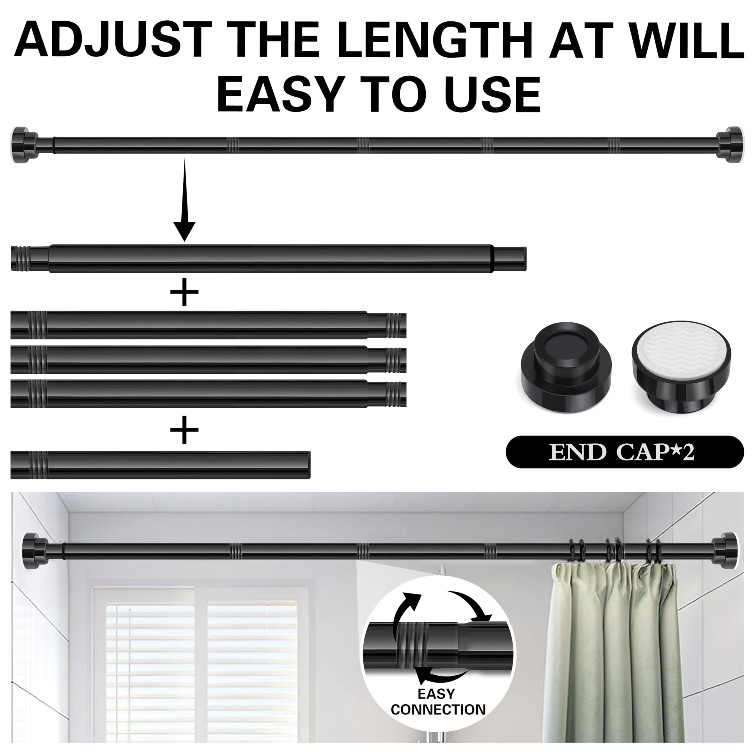 Stainless Steel Extendable Shower Curtain Rod Tension Pole (132cm-195cm) Black - Image 3