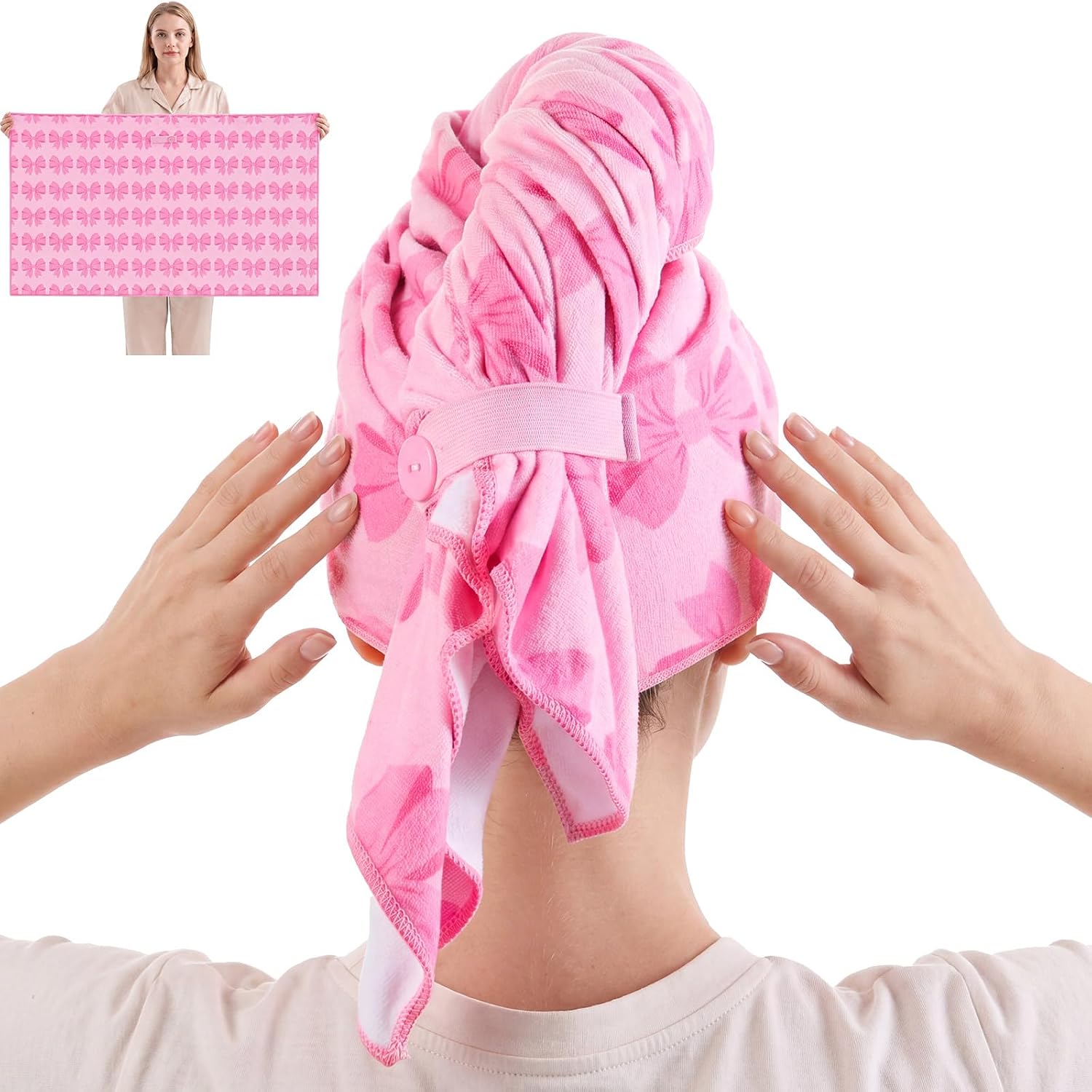 Unittype Large Pink Bow Microfiber Hair Towel Wrap for Women 40 x 24 Inches Dry Hair Cap Turban Bowknot Coquette Soft Girl Fast Dry Wet Long Thick for Bathroom Anti Frizz Drying Towel with Button