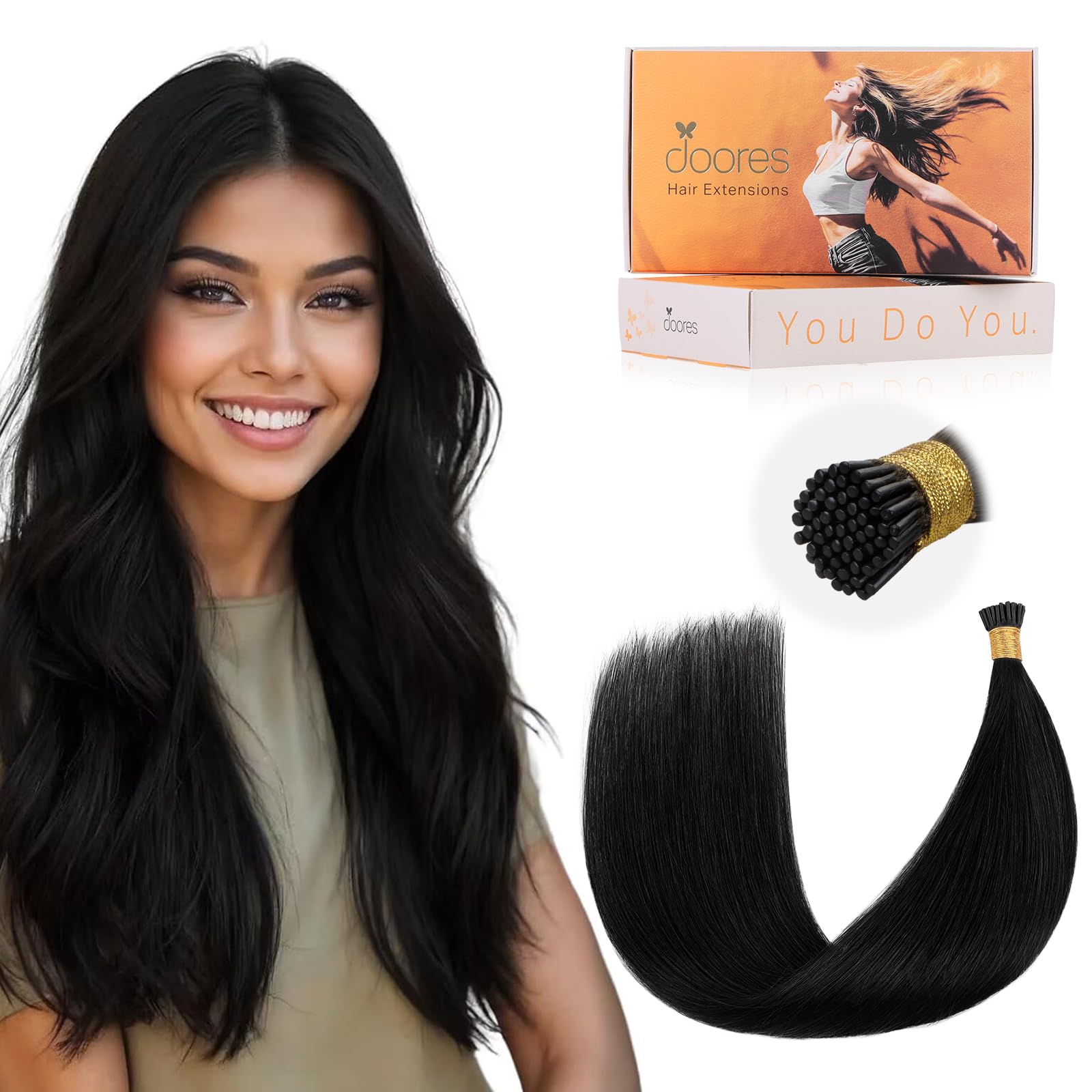 DOORES I Tip Hair Extensions Real Human Hair, Jet Black 50g/50s 20 Inch, Remy Extensions Invisible ITips Straight Cold Fusion Natural