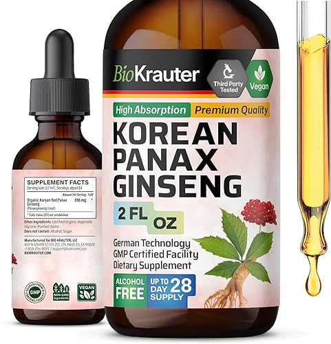 BIO KRAUTER Panax Gotas líquidas de ginseng  Extracto de ginseng coreano sin alcohol  Tintura de ginseng rojo orgánico para energía, apoyo