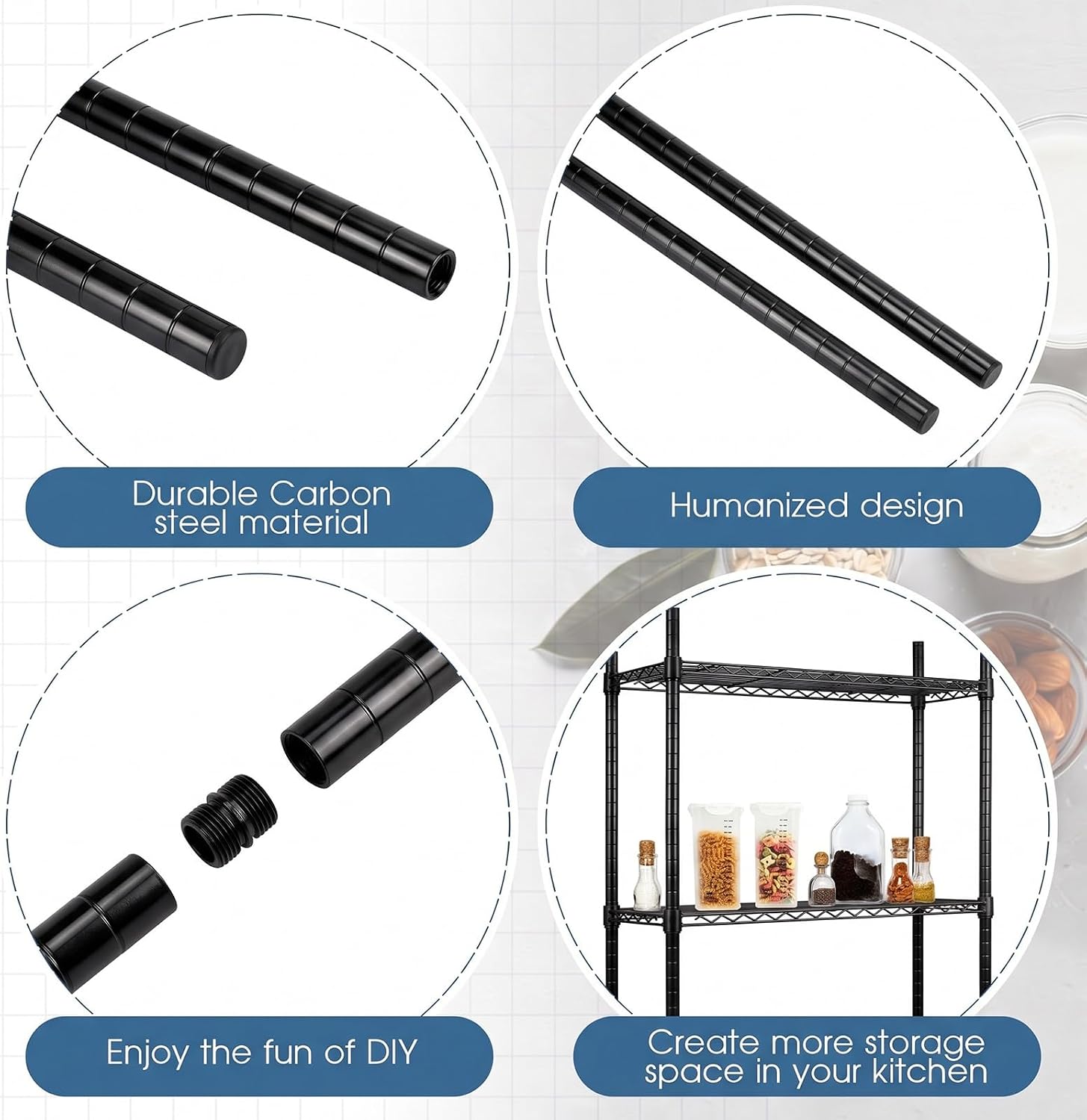 Thyle 4 Pack 36''Wire Shelving Poles, Rack Posts Replacement,Black | Heavy Duty Chrome Steel Commercial Wire-Shelving Parts with 50 Pcs Wire Shelf Clips for 1" Post Shelving Rack Accessories