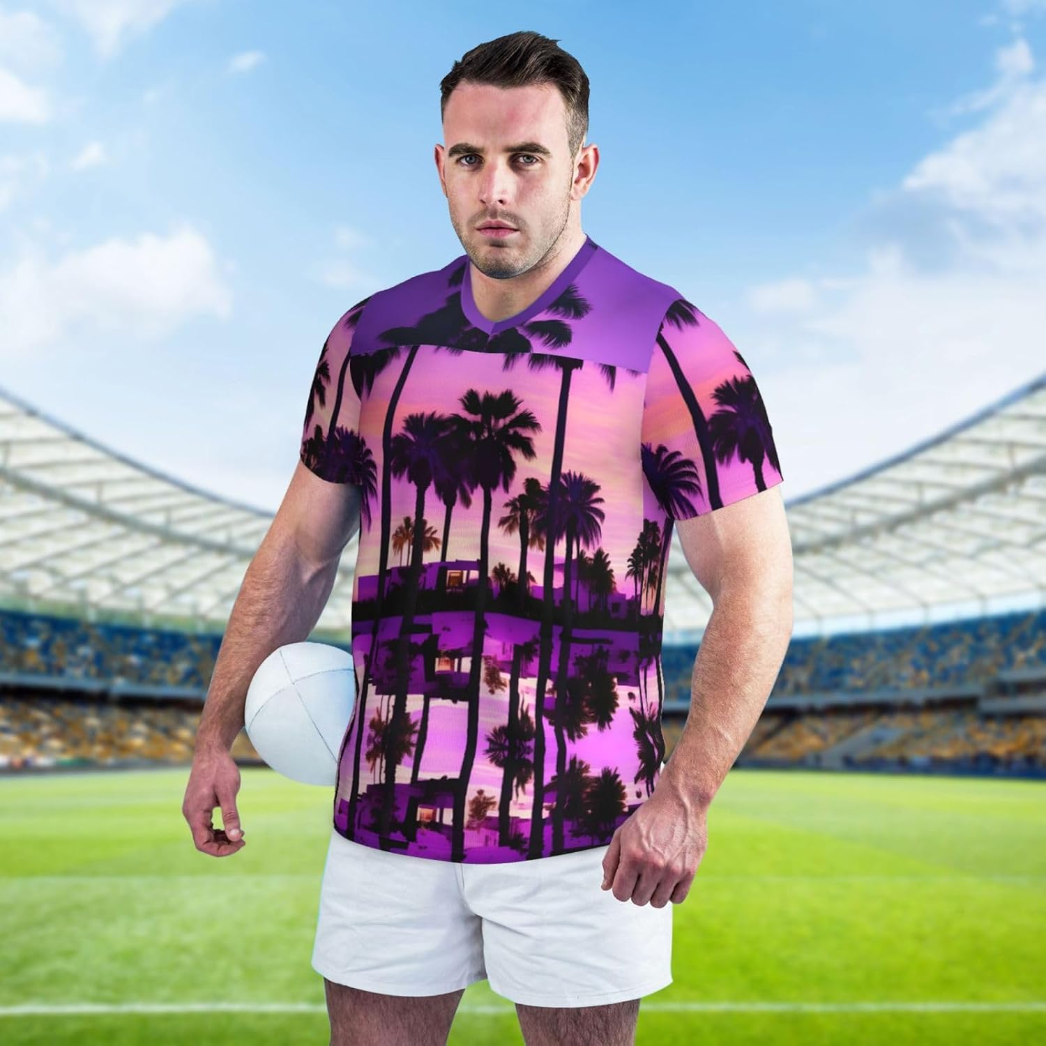 Palm Tree Purple Sunsets Rugby Football Jersey for Men, Comfortable V-Neck Loose Fit Top for Team Sports Athletics