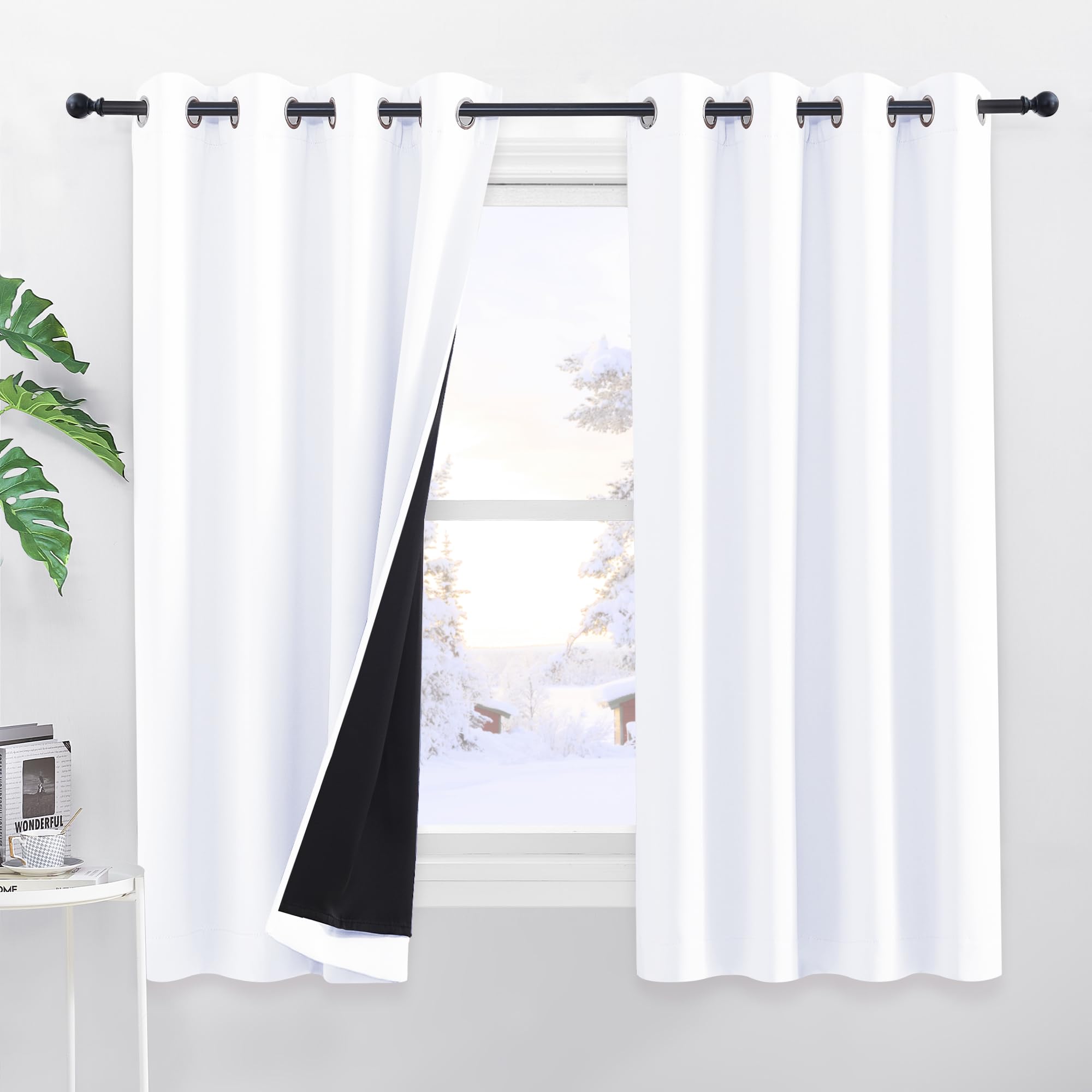 PONY DANCE Cortinas Blancas Dormitorio 2 Piezas Cortinas Cortas Opacas con Ojales Cortinas Termicas Aislantes Frio y Calor Cortinas Cortas para Ventanas, 140x145 CM, Blanco