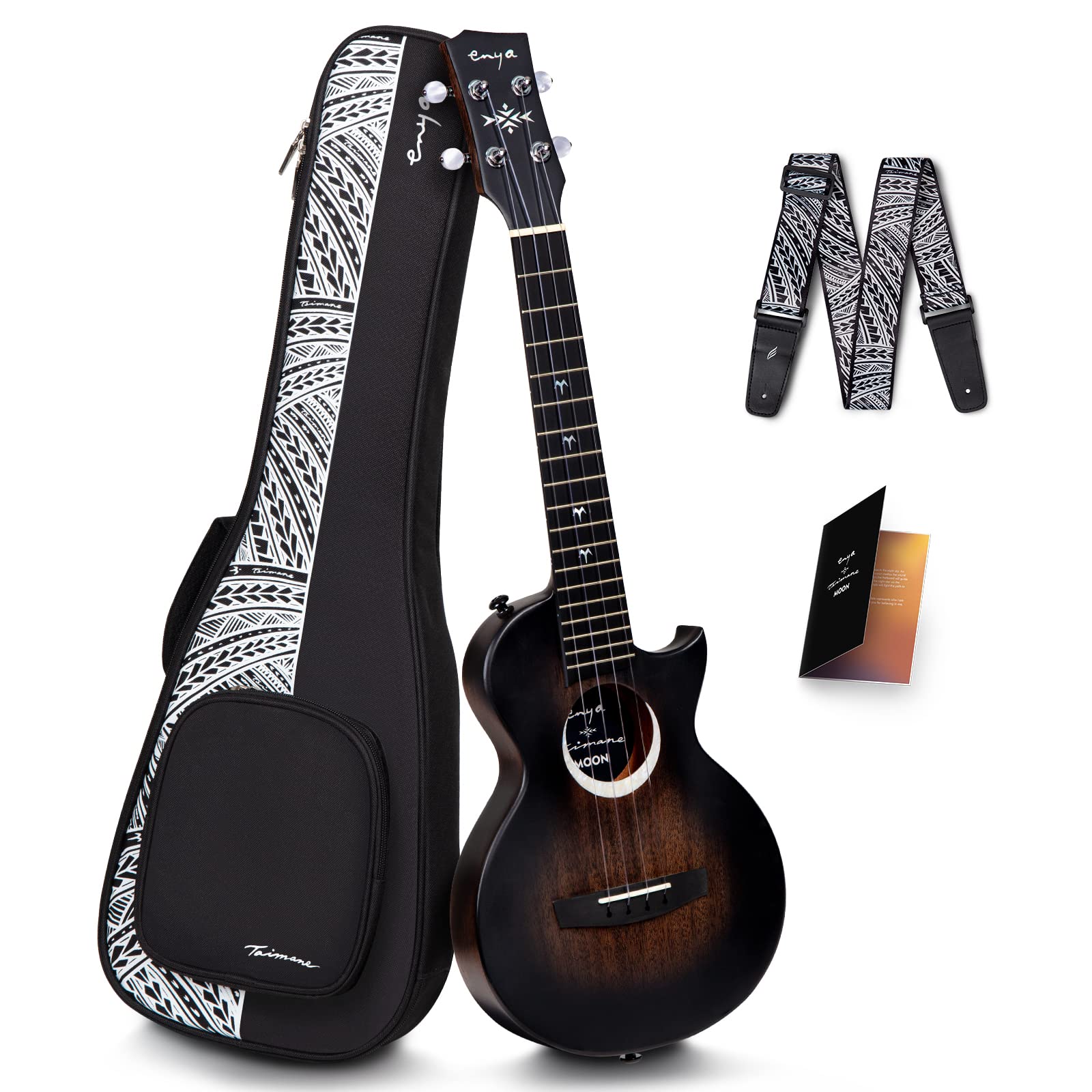Enya Tenor Ukulele 26 Zoll Set - Schwarze Mahagoni Akustik Elektrisch Ukulele mit Tasche Gurt Taimane Moon Signatur für Anfänger Kinder Erwachsene Starter Kit für Heim Schule Reise Camping Konzert