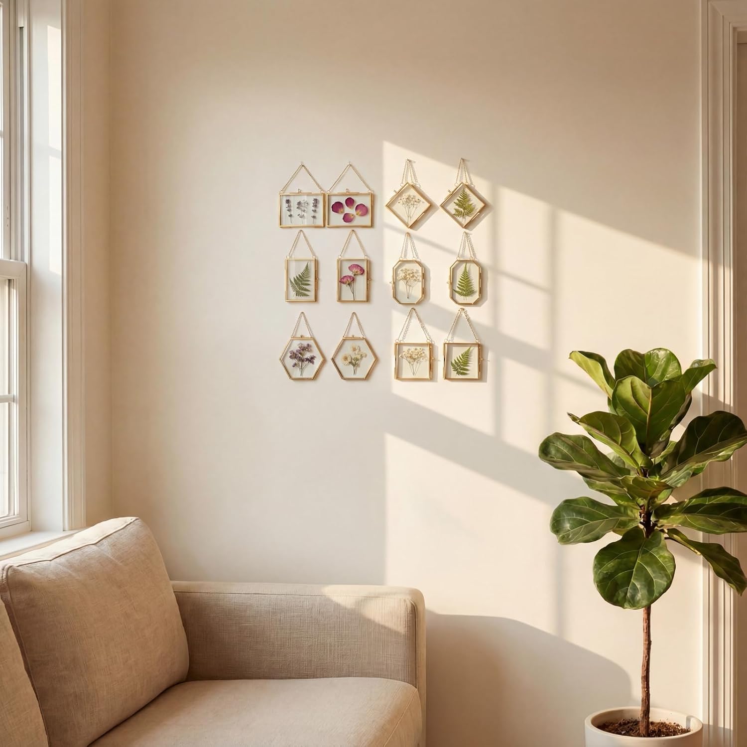 BABUFINE 12 PCS Mini Pressed Flower Frames with Tweezers for Dried Flowers Plants, Wall Hanging Double Glass Pressed Flower Small Film Photo Frame with Chain for Wall Decor,(3.5x 2.5inch/3x3inch)Gold,Only Frame