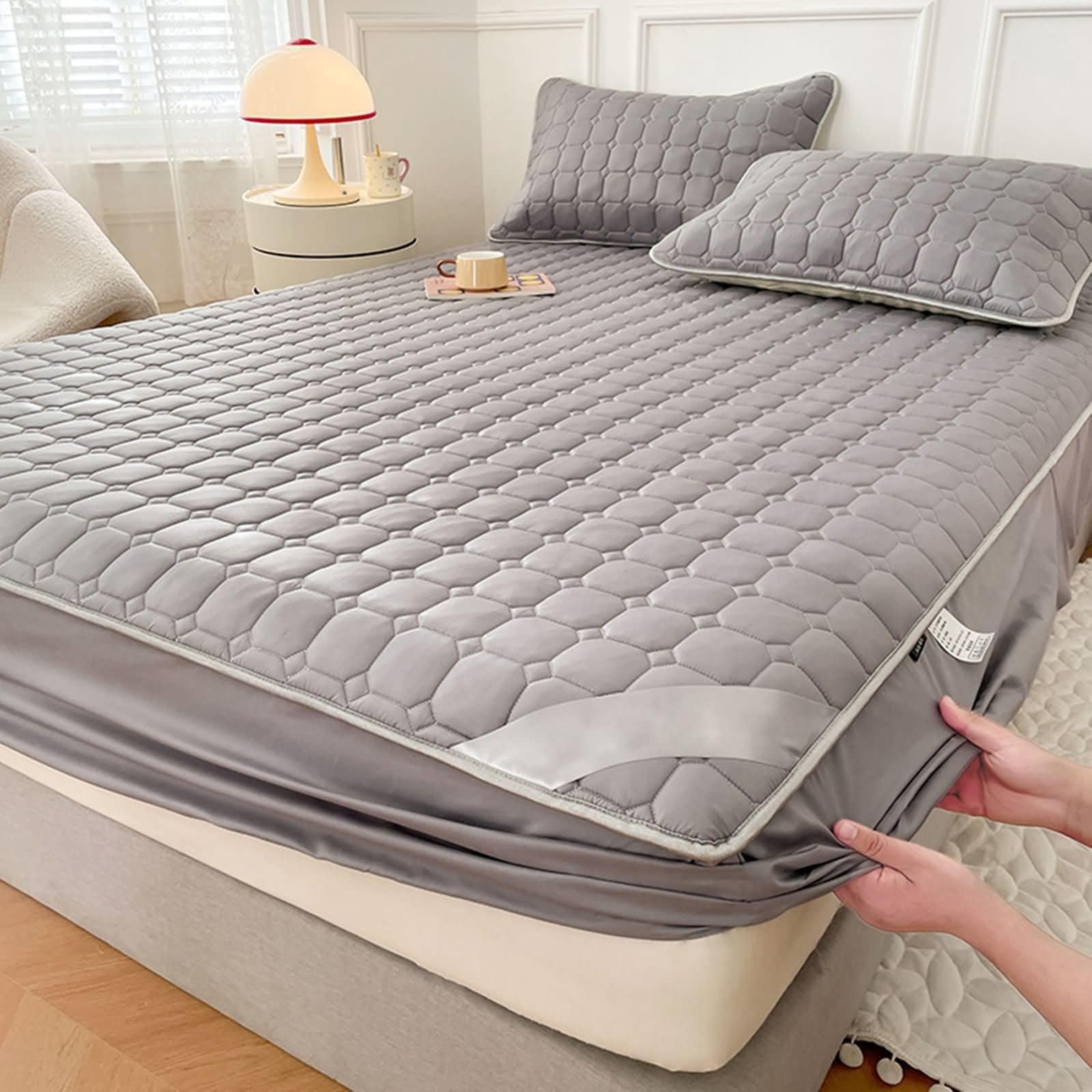 Daesar Drap-Housse Coton, Drap Housse 90 x 200 cm Couleur Uni avec Texture À Carreaux Draps Housses et 2 Taies D'oreillers Doux, Anti-Plis, Résistant, Gris