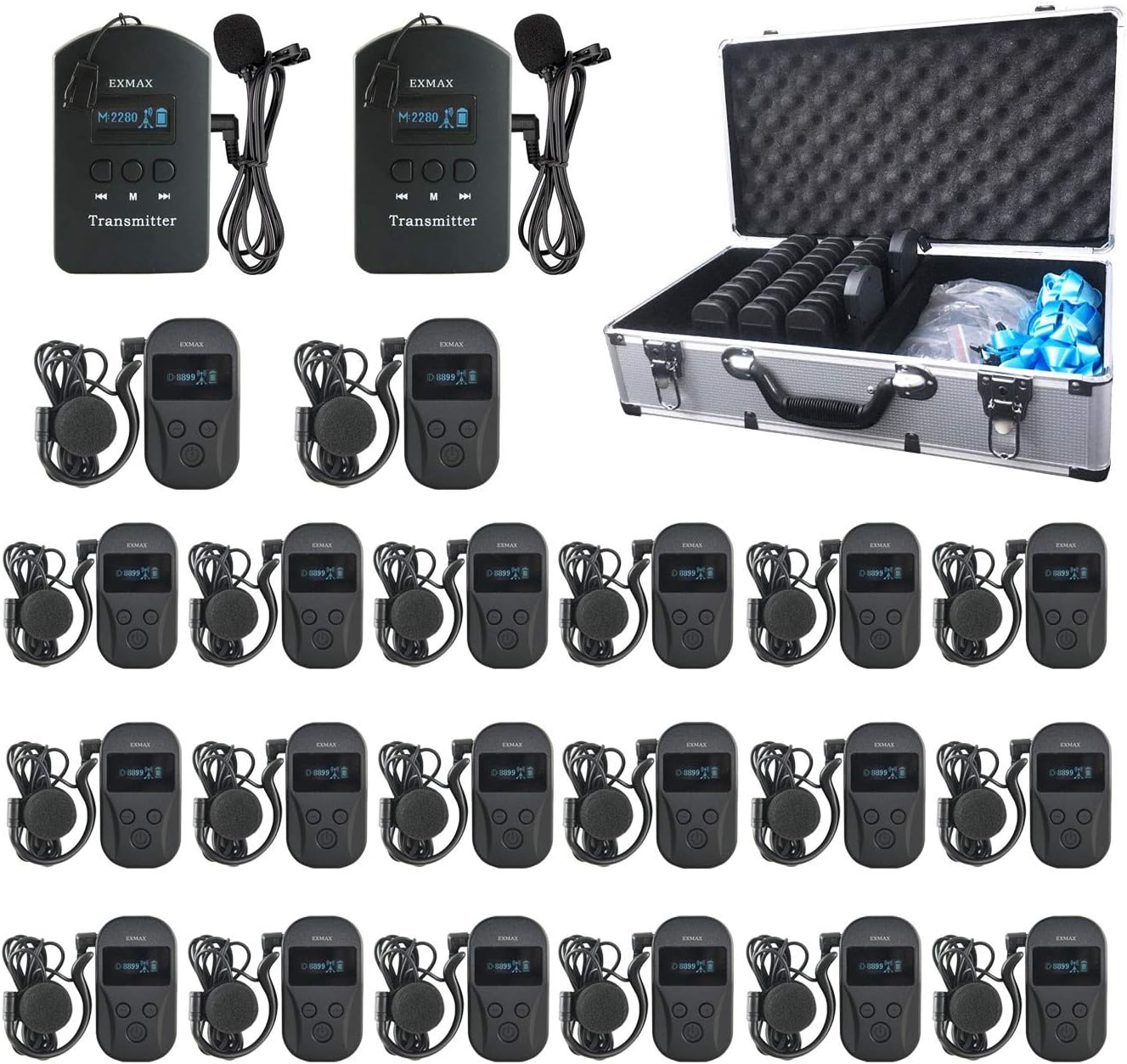 EXMAX EXD-101 2.4G Professional Wireless Tour Guide System with 9999 Channels for Travel, Simultaneous Interpretation,Teaching, Training (2 Transmitters 20 Receivers with 32-slot Charging Case)