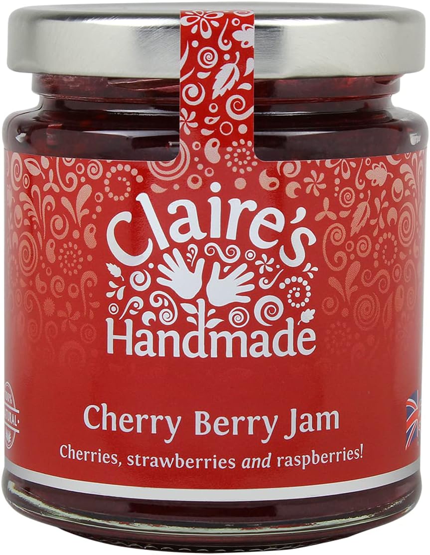 Claire's Handmade - Cherry Berry Jam (227g) - Traditionally Made Breakfast Treat Jam Packed with Cherries, Strawberries & Raspberries, Suitable for Vegetarian, Vegan & Gluten Free Diets, GMO Free