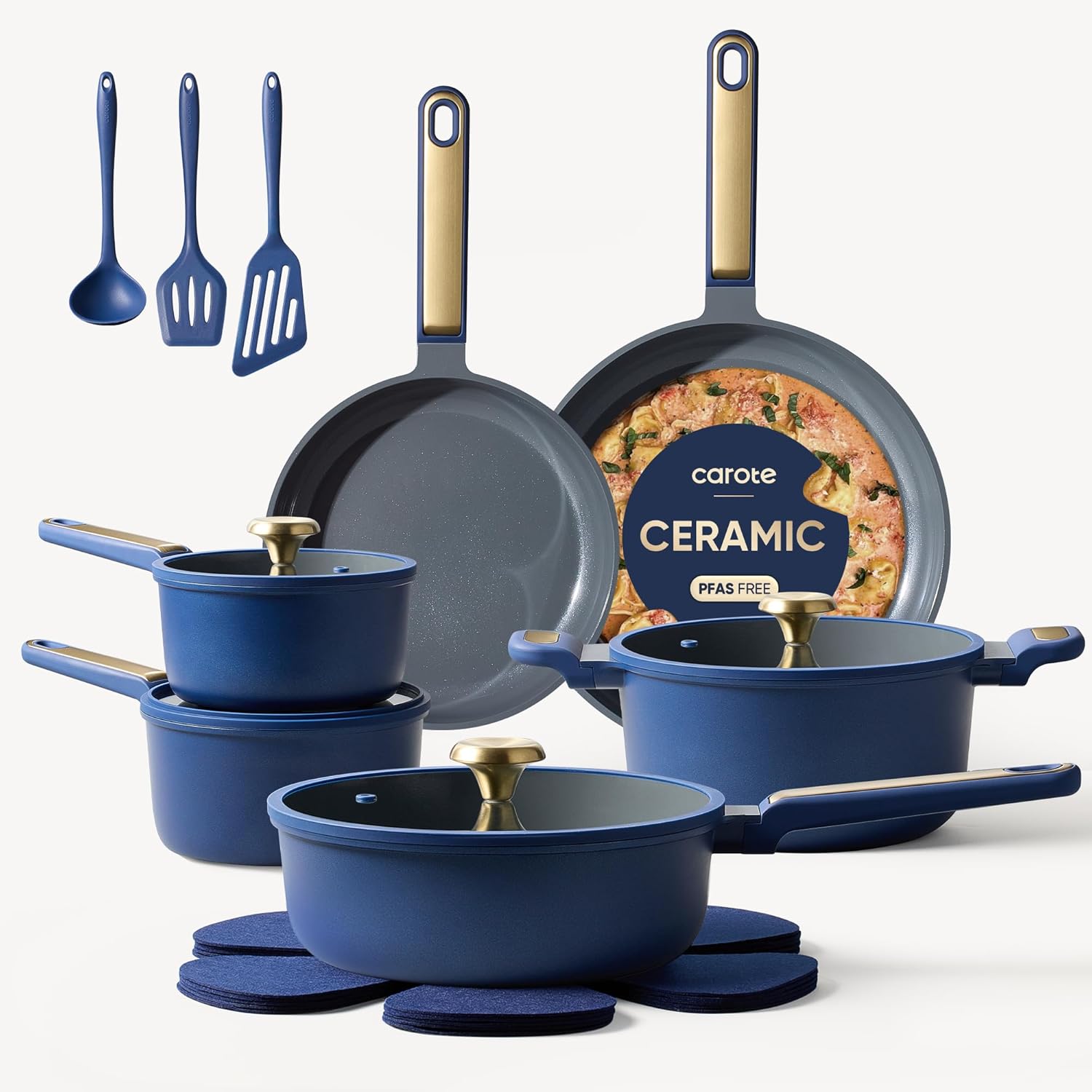 CAROTE Ceramic Cookwar Set, Pots and Pan Set Non Stick 18 Piece, Cookware Set Kitchen Cooking Set Non Toxic, PFAS PTFE Free, Blue CAROTE Ceramic Cookwar Set, Pots and Pan Set Non Stick 18 Piece, Cookware Set Kitchen Cooking Set Non Toxic, PFAS PTFE Free, Blue