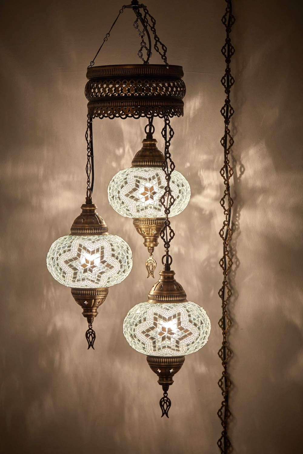 DEMMEX 3 Large Globe Plug-in Turkish Moroccan Mosaic Chandelier, Hanging Lamp, Ceiling Light Fixture with 15ft Cord & Chain for Living Room, Bedroom - Handmade, Customizable, 3.5 ft Drop