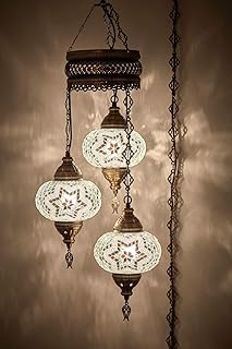 DEMMEX Plug-in Turkish Hanging Lamp, Handmade Moroccan Mosaic Chandelier Pendant Light Fixture with 15-ft Cord & Chain, Decorative Ceiling Lamp for Living Room, Bedroom, 3 Large 7'' Globes, 3.5 ft.