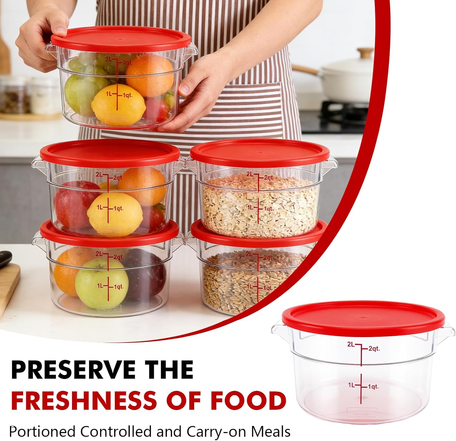 4-Pack Food Storage Containers with Lids,Round Plastic Containers for Kitchen, Food Grade, BPA-Free, Stackable, Clear Red Storage Buckets (Red, 2L)