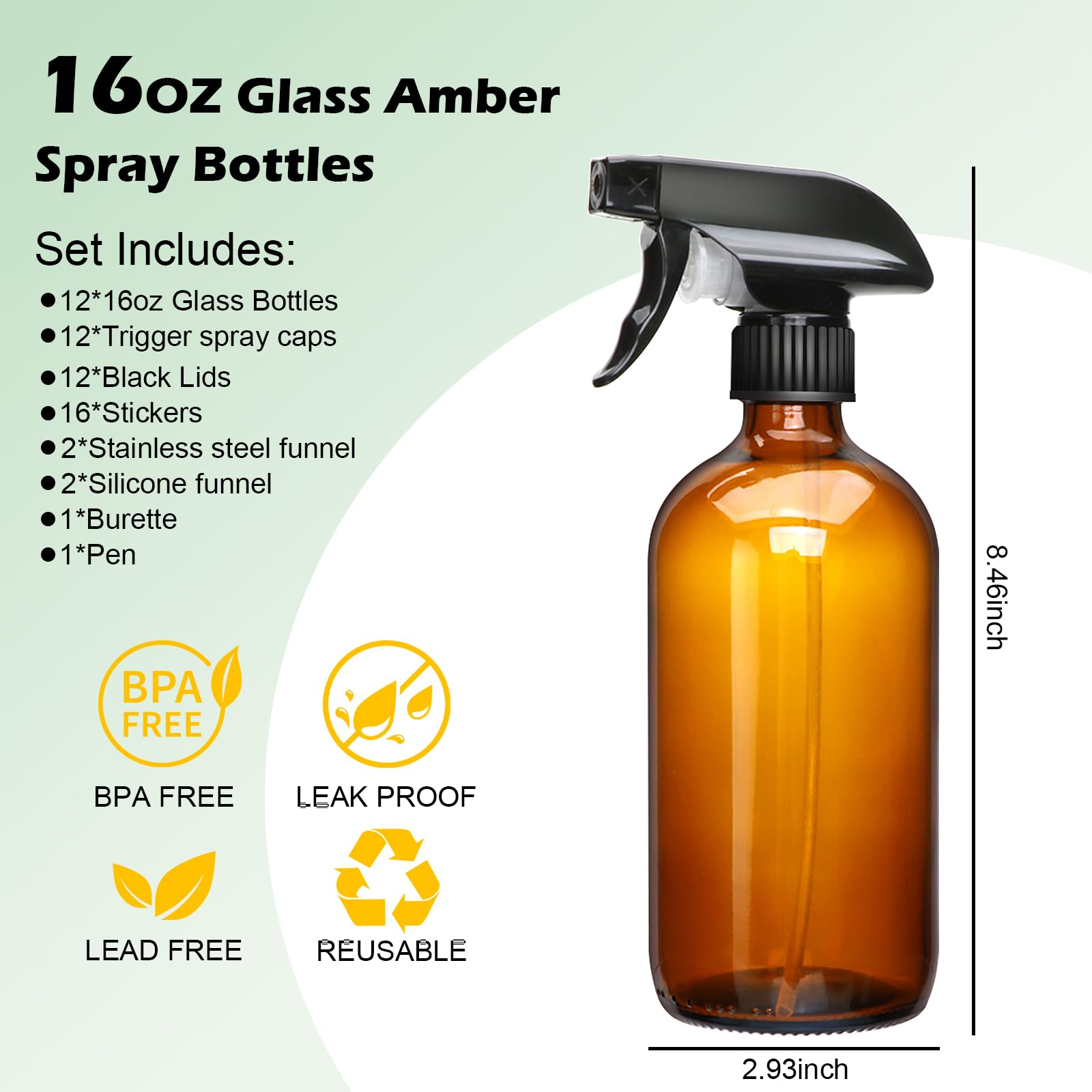 Maredash 16oz Amber Glass Spray Bottles, 12-Pack with Accessories