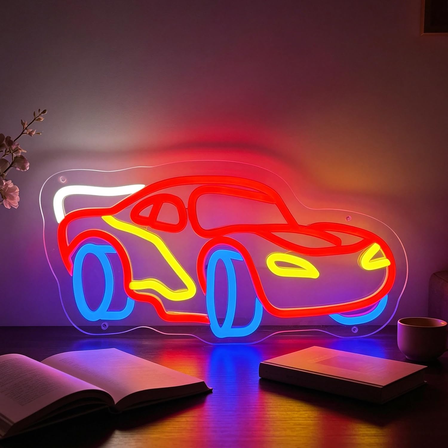 Car Neon Sign LED Neon Racing Car Sign Light Up for Wall Decor, Dimmable USB Powered Neon Light for Race Car Room Bedroom Boys Room Playroom Birthday Party Gifts 7.6”x15.3”