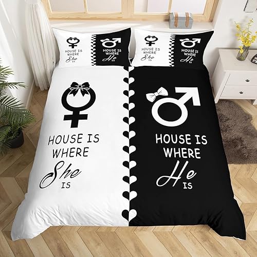 Funda de edredón de matrimonio para parejas, funda de edredón de corazones amorosos, tamaño King, Home Is Where She Is House Is Where He Is, juego