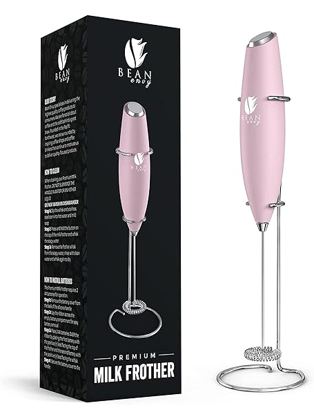 Bean Envy Milk Frother for Coffee - Handheld Battery-Operated Electric Milk and Coffee Frother, Mini Electric Drink Mixer, Foamer & Frother with Stand for Coffee, Lattes, Hot Chocolates and Shakes - Pink