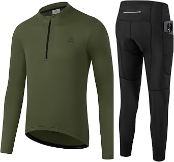 Mens Cycling Jersey 1/3 Zipper Cycling Set Solid Color Club Fit, Long Sleeeves Bike Jersey and Pants Zipper Pocket