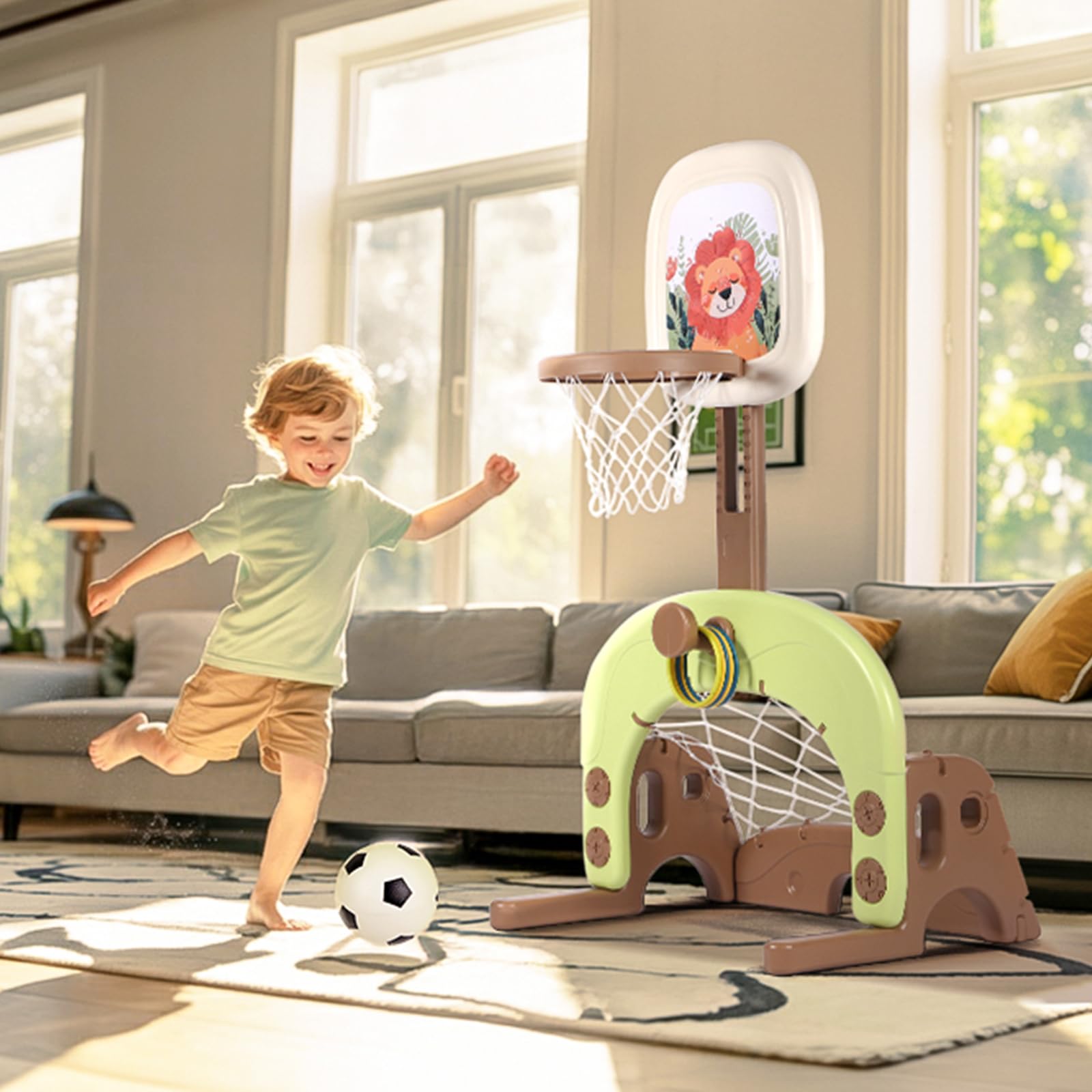 3-in-1 Basketballkorb-Set für Kinder, höhenverstellbares Sportaktivitätscenter mit Basketball, Fußball und Ringwurfspiel, Indoor-Outdoor-Spielzeug für Jungen und Mädchen ab 3–6 Jahren