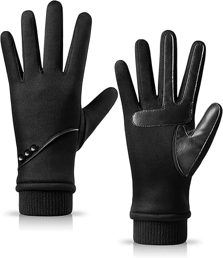 HOLDINA Handschuhe Damen Winter Warm, wasserdichte Handschuhe Damen mit Rutschfestem Leder, Handschuhe Damen Touchscreen mit Fleece Gefüttert zum Fahren, Laufen, Radfahren, Wandern (Schwarz-L)