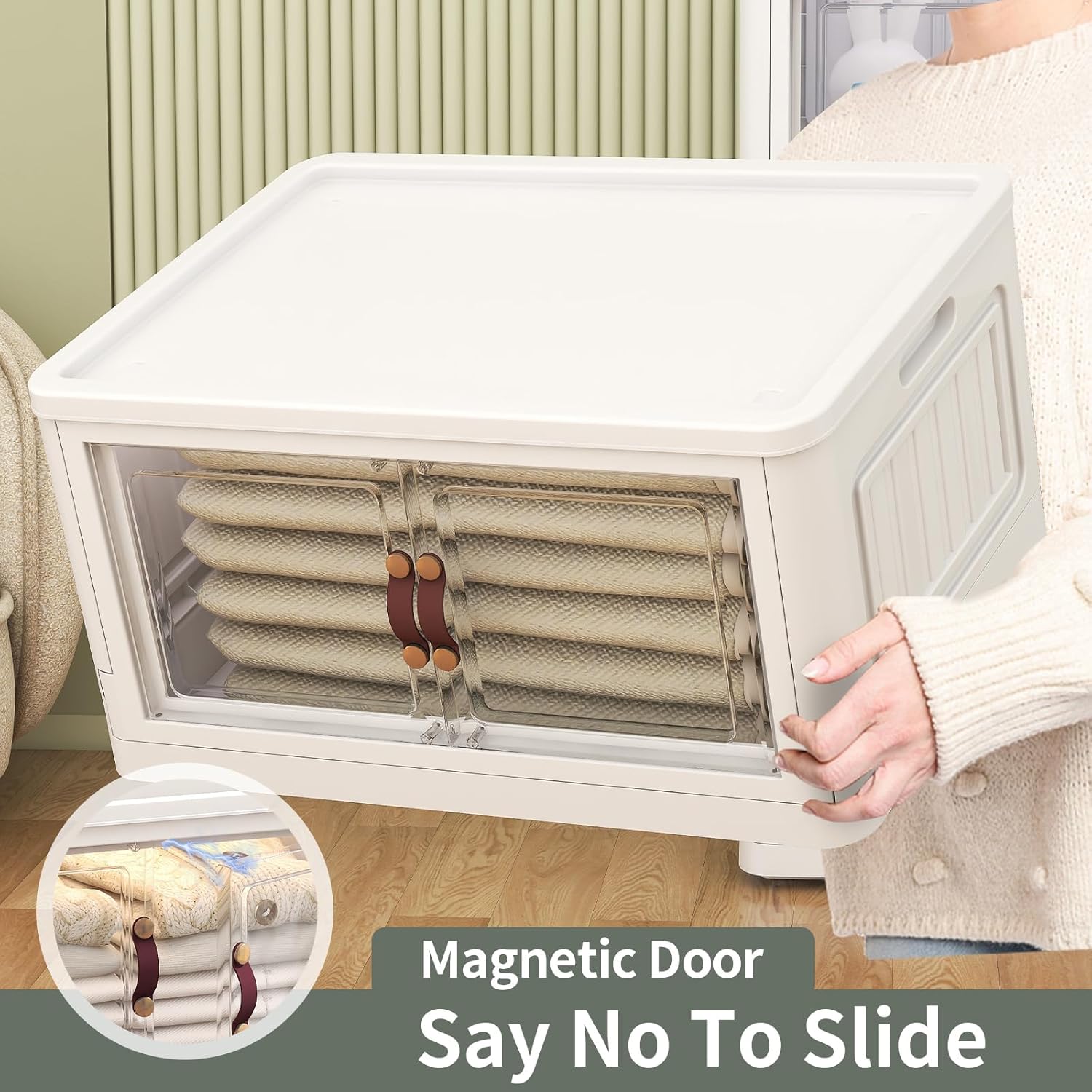 Collapsible Storage Bins with Lids, Leather Handles 92Qt Large 5 Packs Stackable Storage Bin with Lids, Foldable Storage Cabinet for Home, Office, Dorms