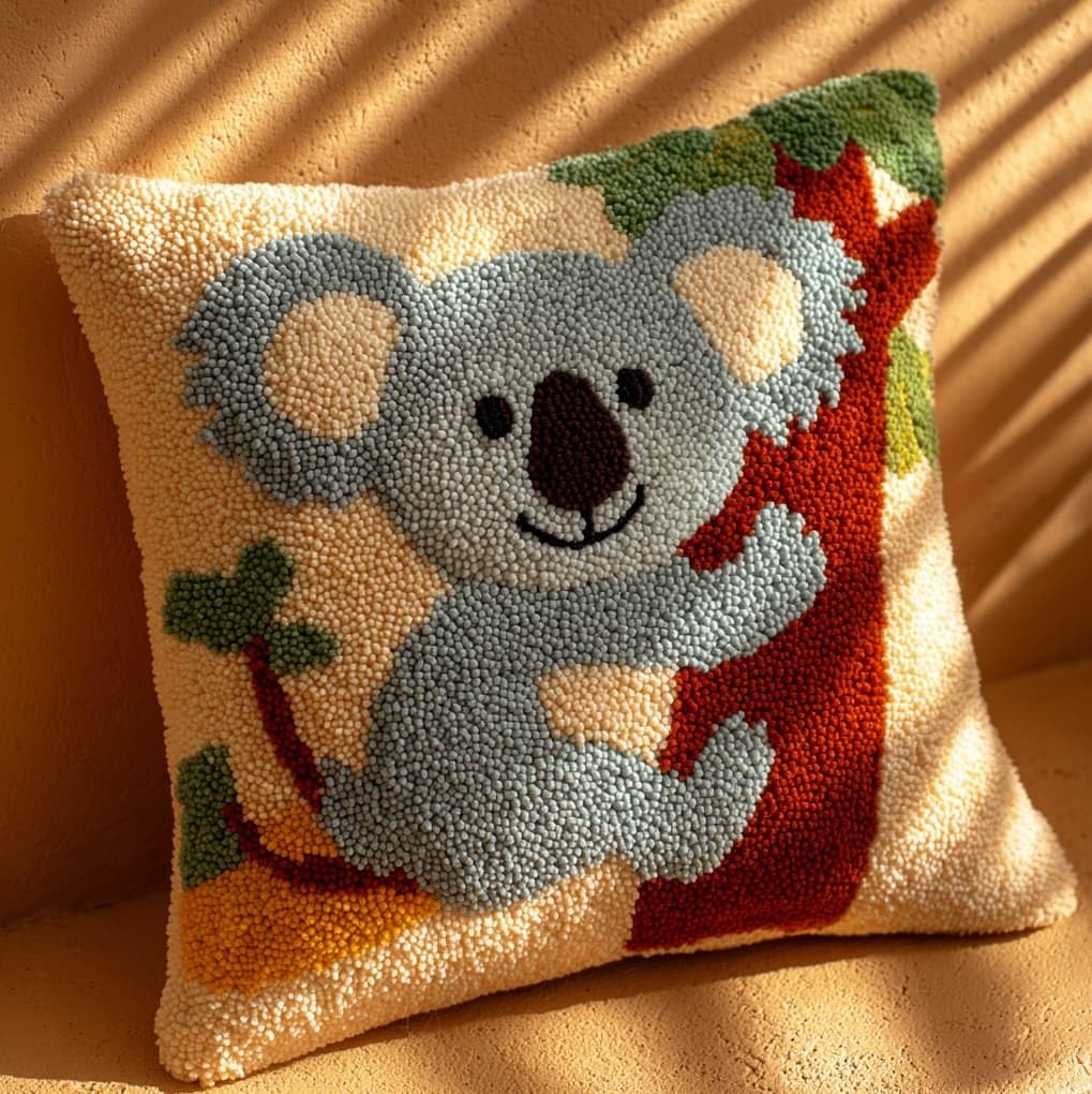 WallustrioaW Latch Hook Pillow Case Kits,Koala Animals,Embroidery Kits DIY Latch Hook for Aadults Cross Stitch Cushion,17x17in
