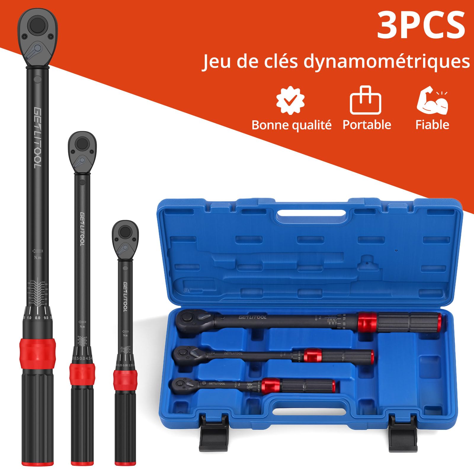 GETLITOOL Clé Dynamométrique Voiture 1/4",3/8",1/2",Torque Wrench 5–210 Nm,Précision ±3%,Alliage d'Acier Haute Résistance,Graduation Laser,Poignée Antidérapante,pour Réparation Auto,Moto,Vélos