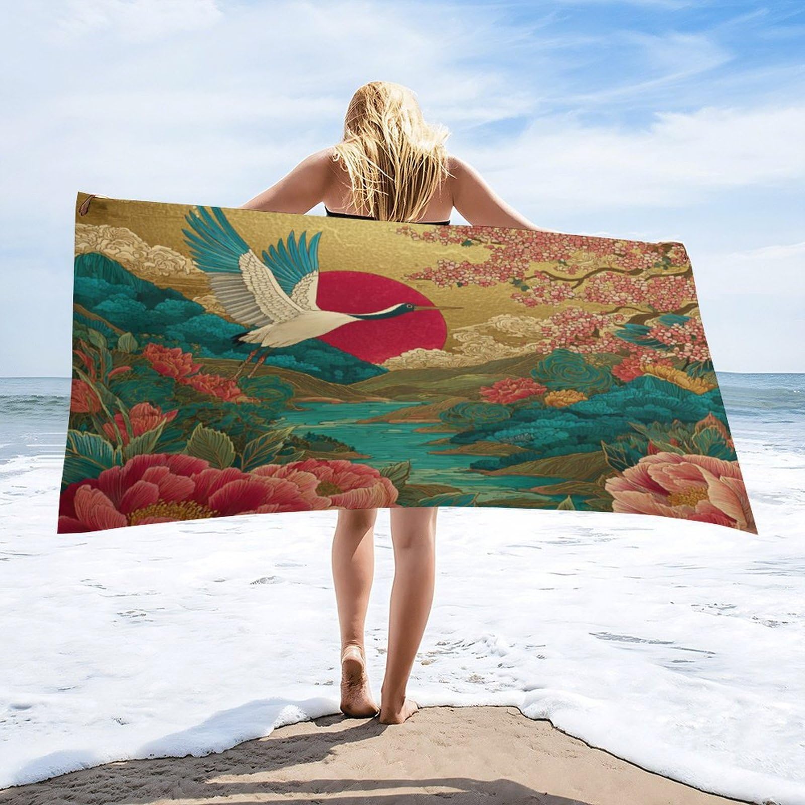 Luyysky Vintage Abstract Animal Crane Absorbent Beach Towel, Beautiful Realistic Japanese Red Sun Peonies Cherry Blossoms Outdoor Single-Sided Velvet Beach Towel-80 W Cm X 160" L Cm