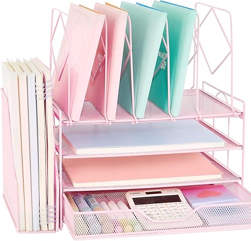 Spacrea Organizadores de escritorio y accesorios, organizador de archivos con 5 secciones verticales + cajón deslizante, organización y