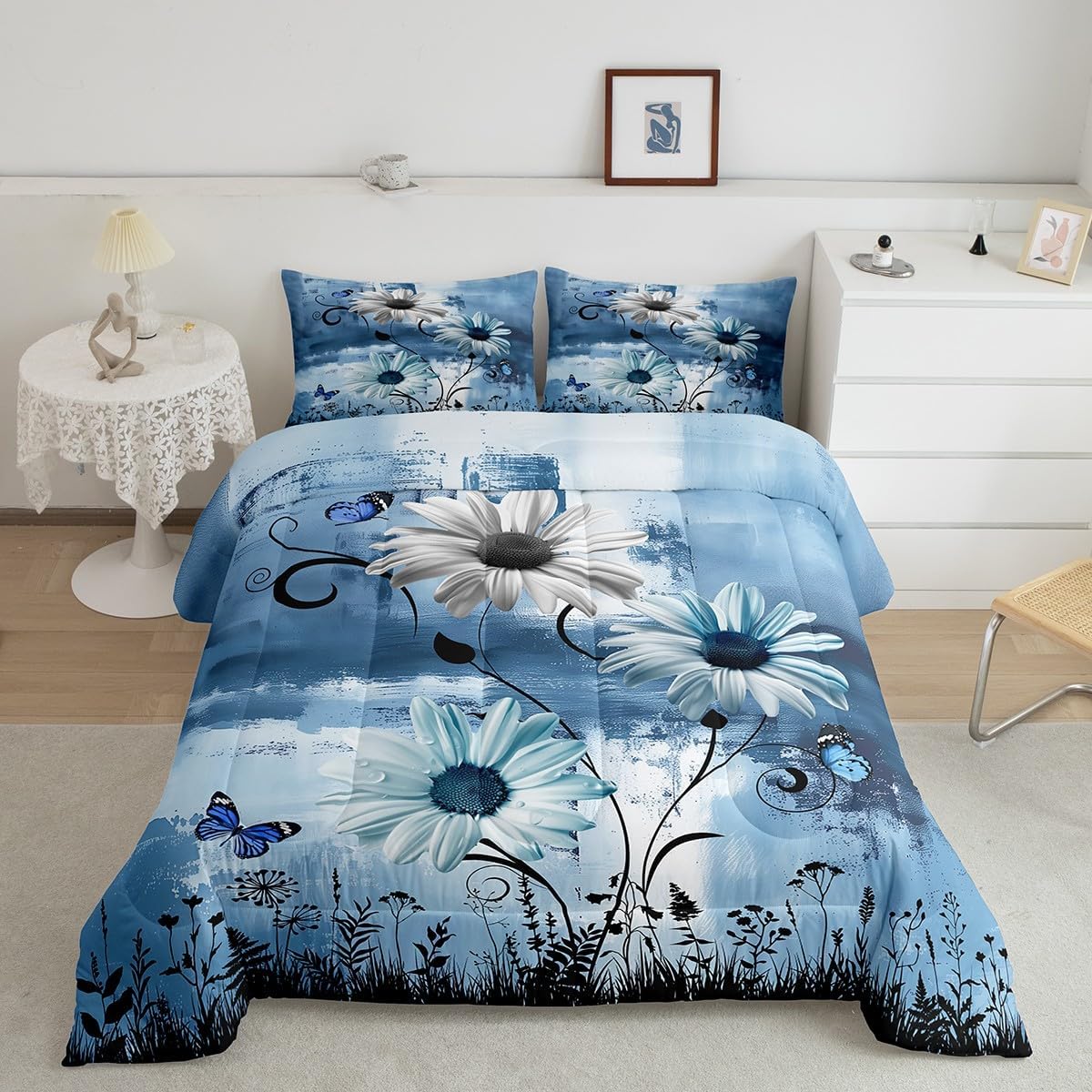 Castle Fairy Rustic Floral Comforter Set Queen Size,Farm Daisy Flowers Butterfly Country Bedding Set for Women Adult,Blue Abstract Art Graffiti Luxury Bed Duvet Insert, 2 Pillowcases - Image 5