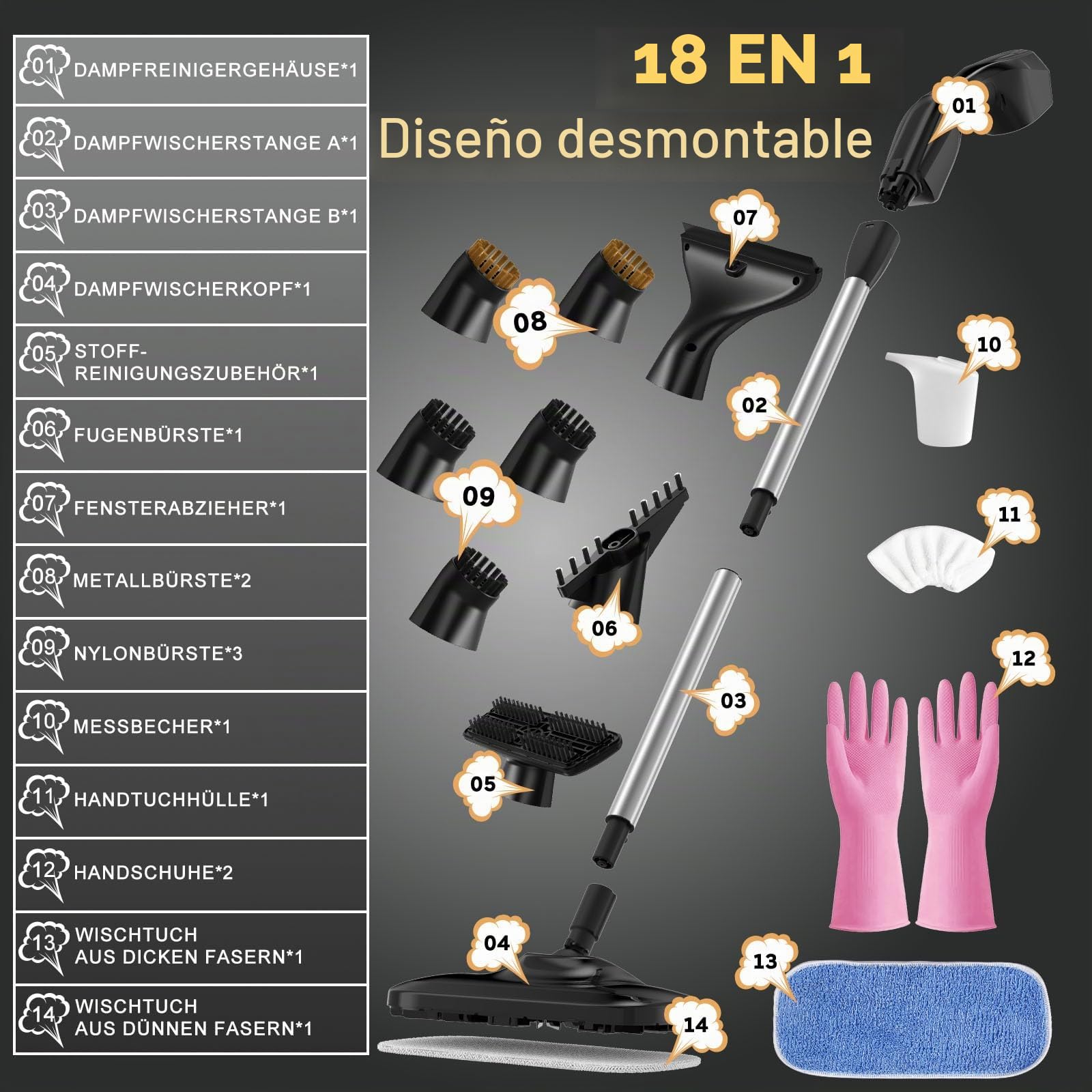 Limpiador a Vapor 17 en 1, Vapor de Mano con Mopa, 30s Calentamiento Rápido, 1000W Alta Presión, Limpieza Multifuncional para Suelos, Azulejos, Ventanas, Cocina y Baño, Sin Químicos